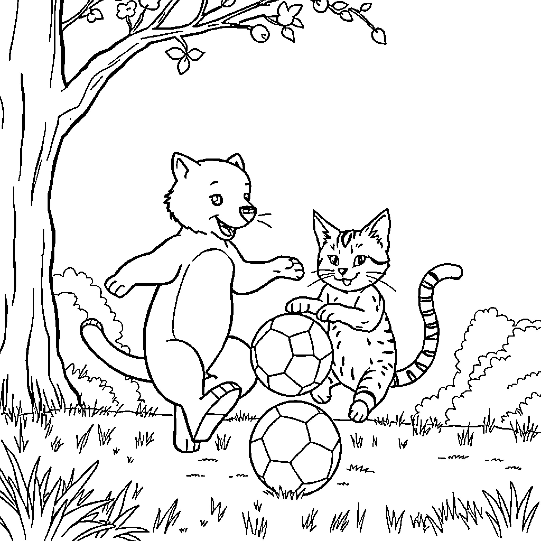 Dog playing with kittens in the park Coloring Page (free black-and-white line drawing printable PDF for all, from beginners to advanced learners, including children, teens, adults, and seniors)