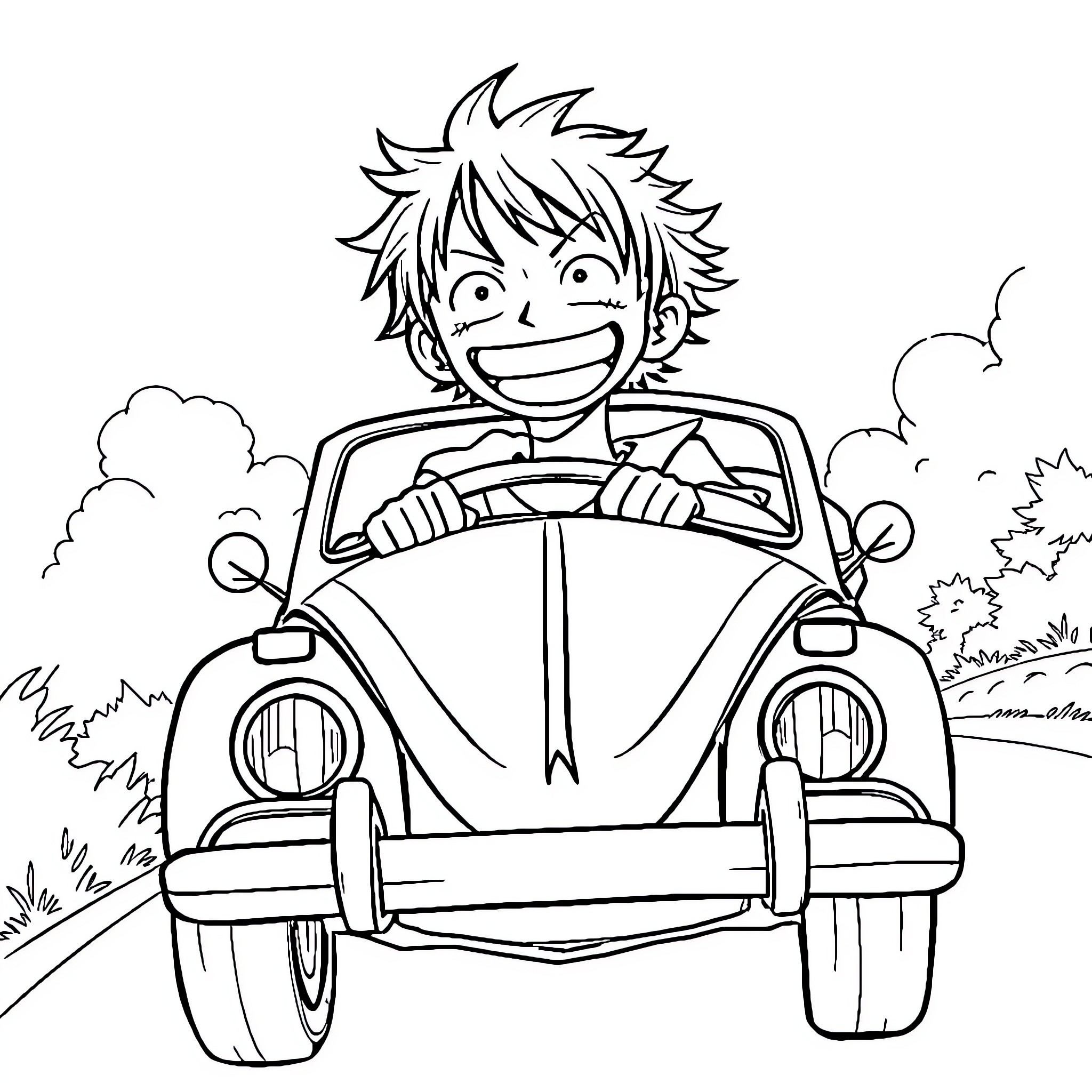 Luffy happily driving a car through a lush landscape Coloring Page (free black-and-white line drawing printable PDF for all, from beginners to advanced learners, including children, teens, adults, and seniors)
