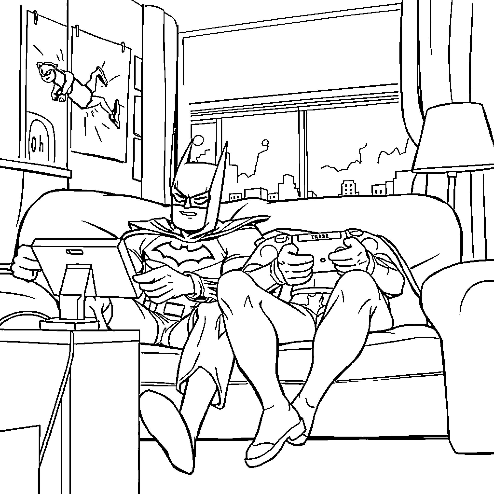 Chase through the Cityscape from a Superhero's Hideout Coloring Page (free black-and-white line drawing printable PDF for all, from beginners to advanced learners, including children, teens, adults, and seniors)