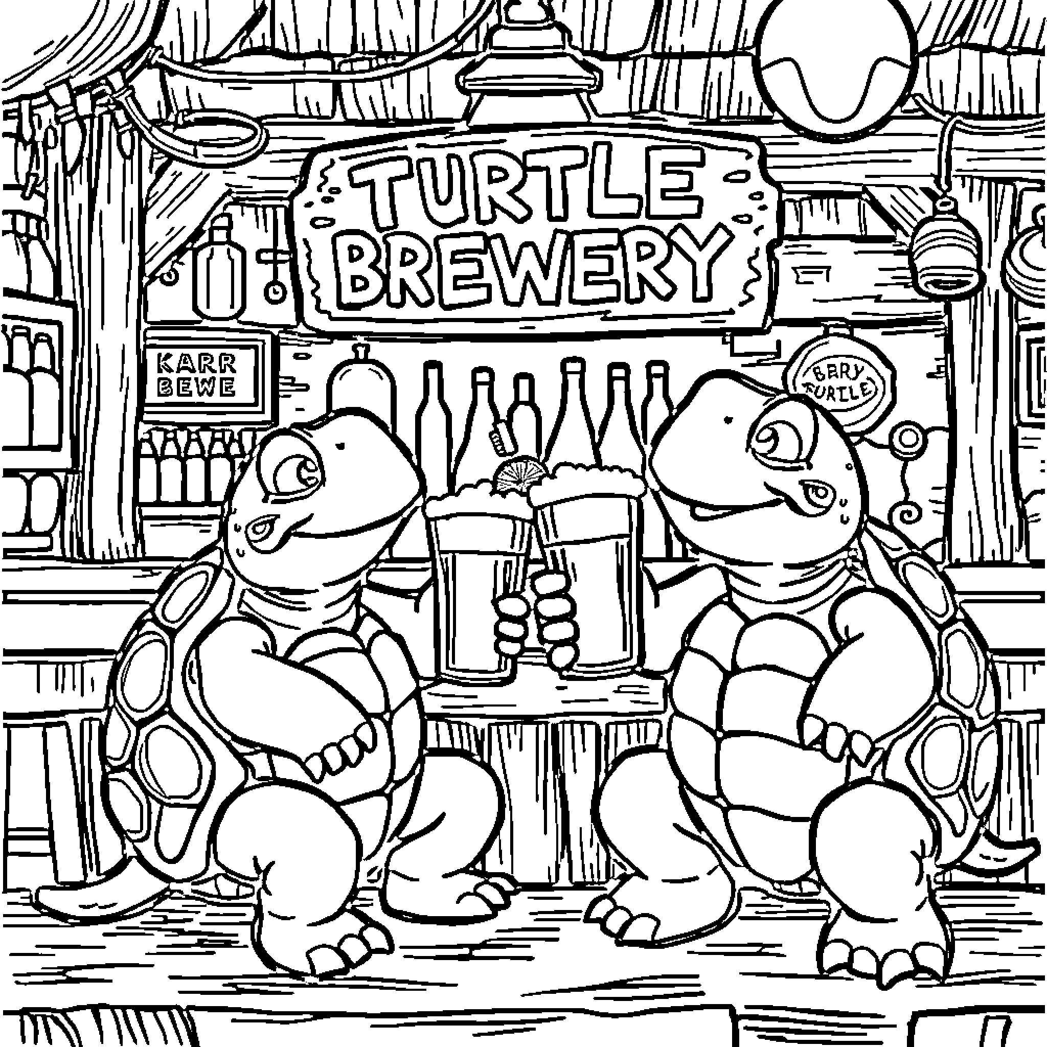 Turtles enjoying drinks at the Turtle Brewery Coloring Page (free black-and-white line drawing printable PDF for all, from beginners to advanced learners, including children, teens, adults, and seniors)