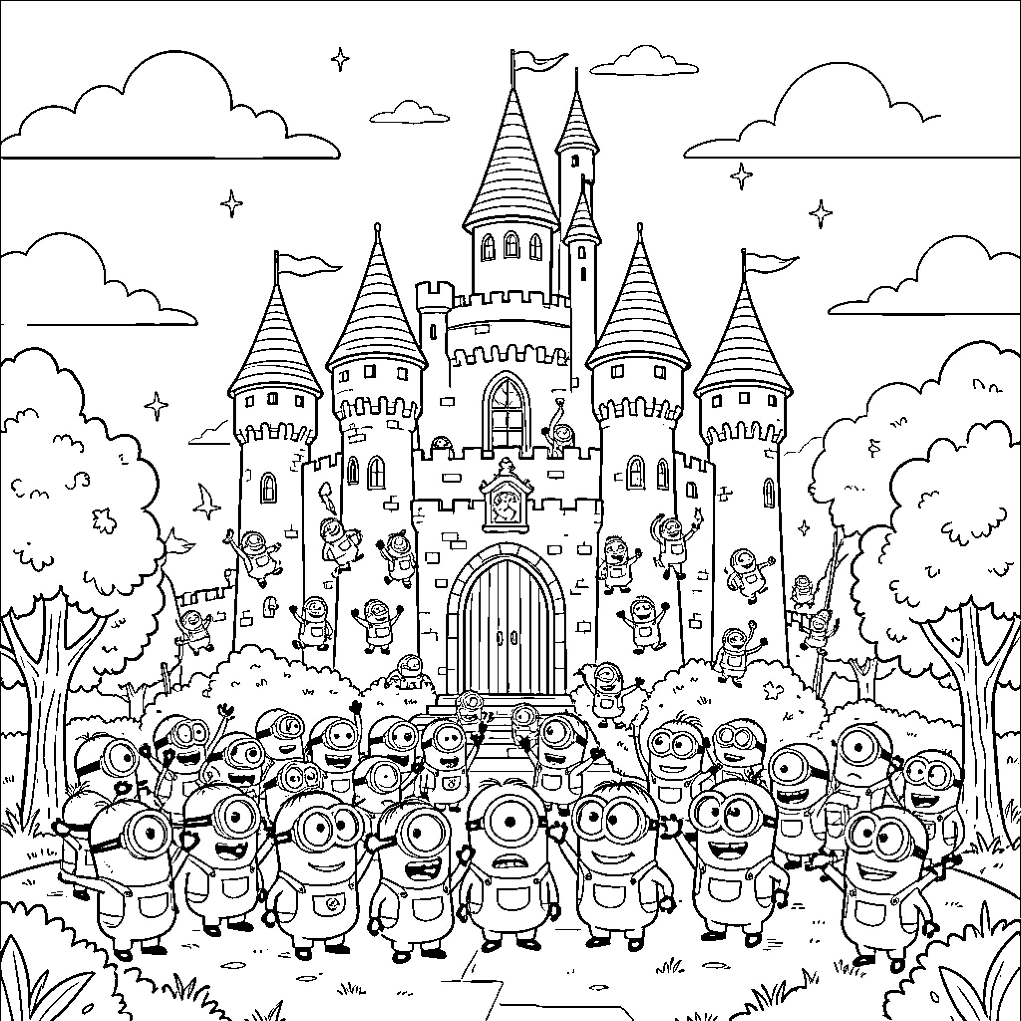 Minions celebrating joyfully in front of a large castle Coloring Page (free black-and-white line drawing printable PDF for all, from beginners to advanced learners, including children, teens, adults, and seniors)