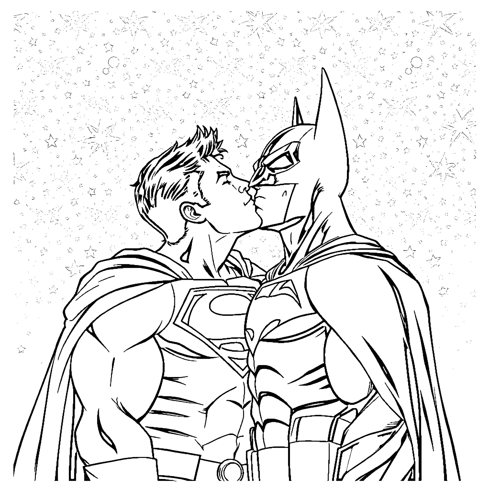 Superman engaged in heroic actions amidst the stars Coloring Page (free black-and-white line drawing printable PDF for all, from beginners to advanced learners, including children, teens, adults, and seniors)