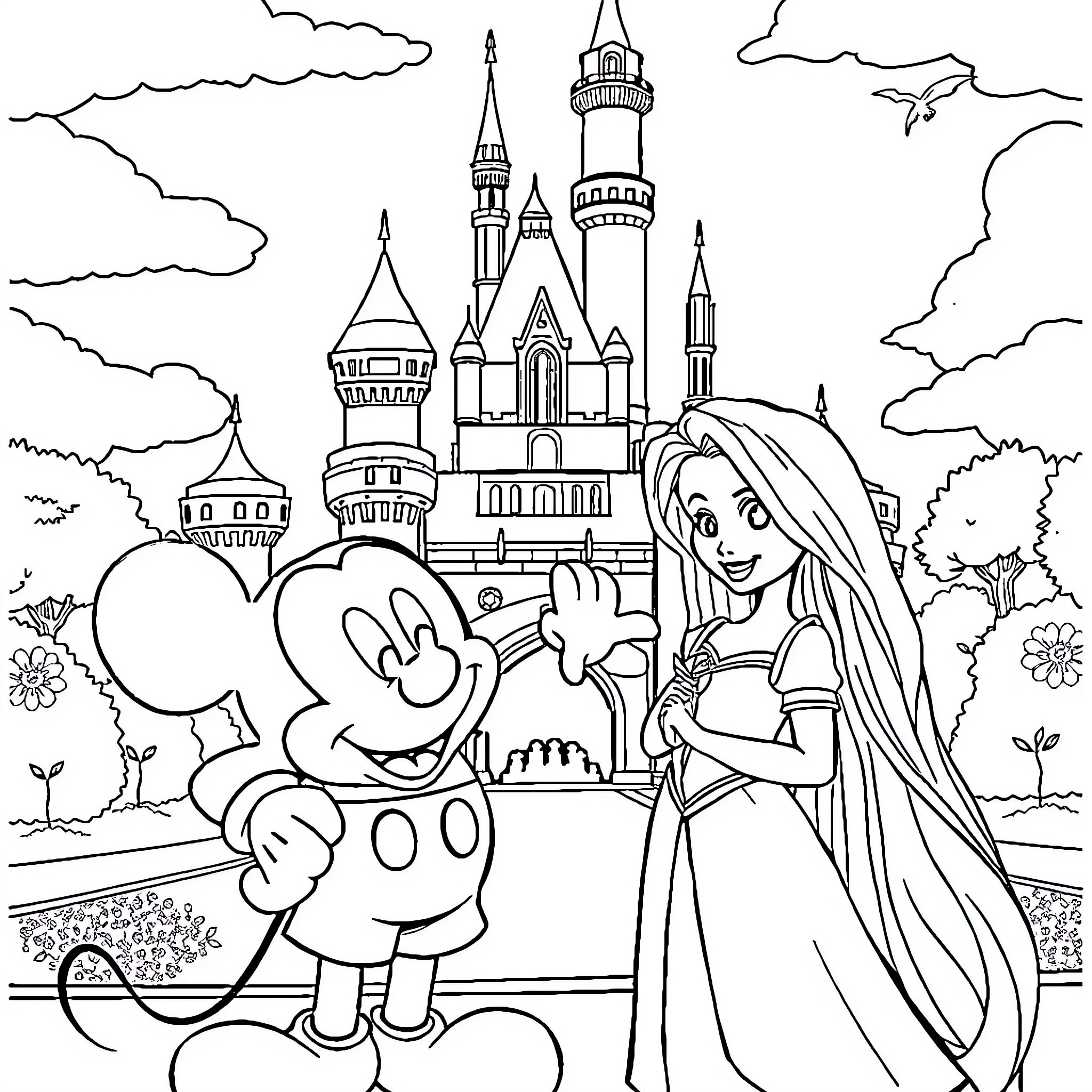 Mickey and Princess Exploring the Castle Coloring Page (free black-and-white line drawing printable PDF for all, from beginners to advanced learners, including children, teens, adults, and seniors)