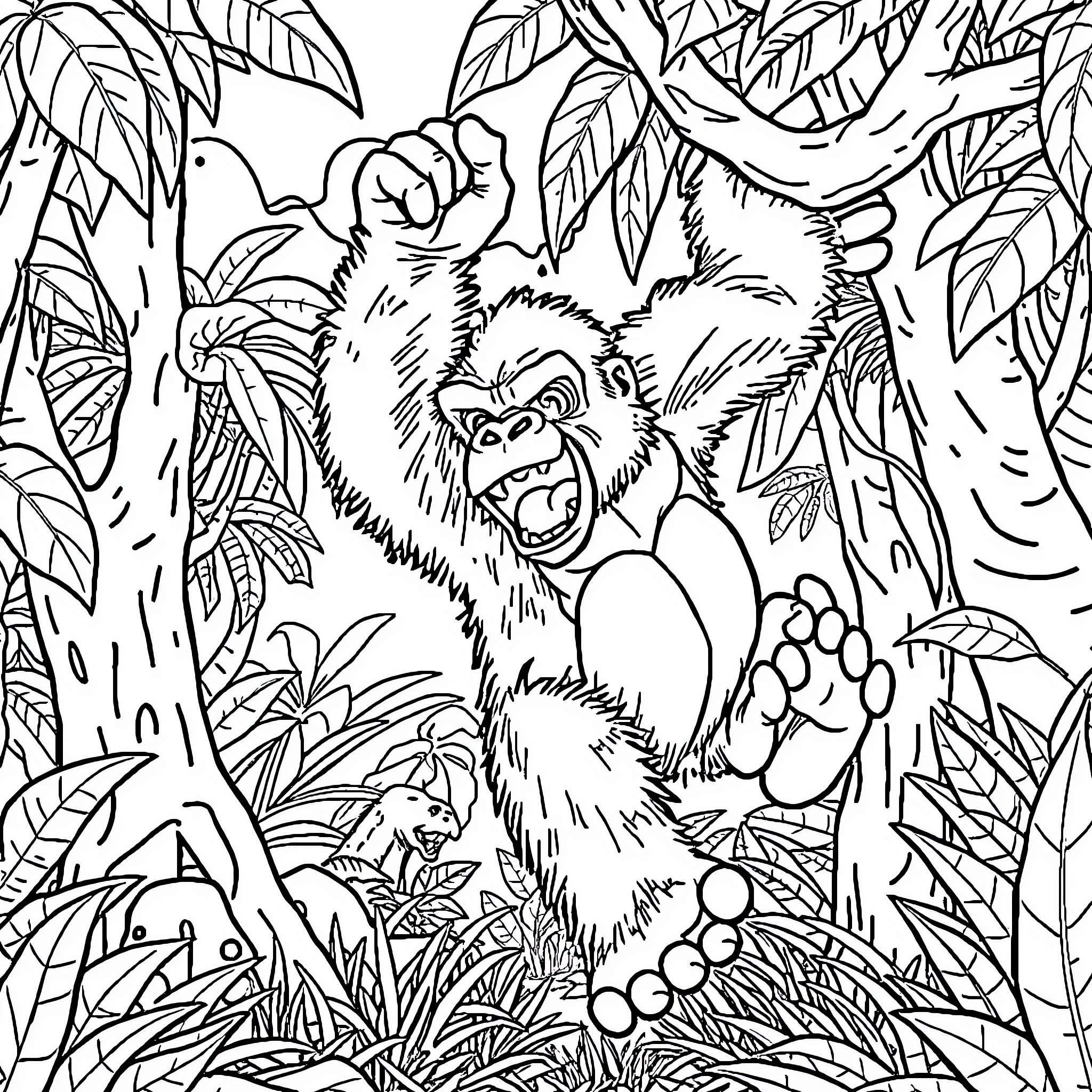 Gorilla roaring fiercely in dense jungle Coloring Page (free black-and-white line drawing printable PDF for all, from beginners to advanced learners, including children, teens, adults, and seniors)