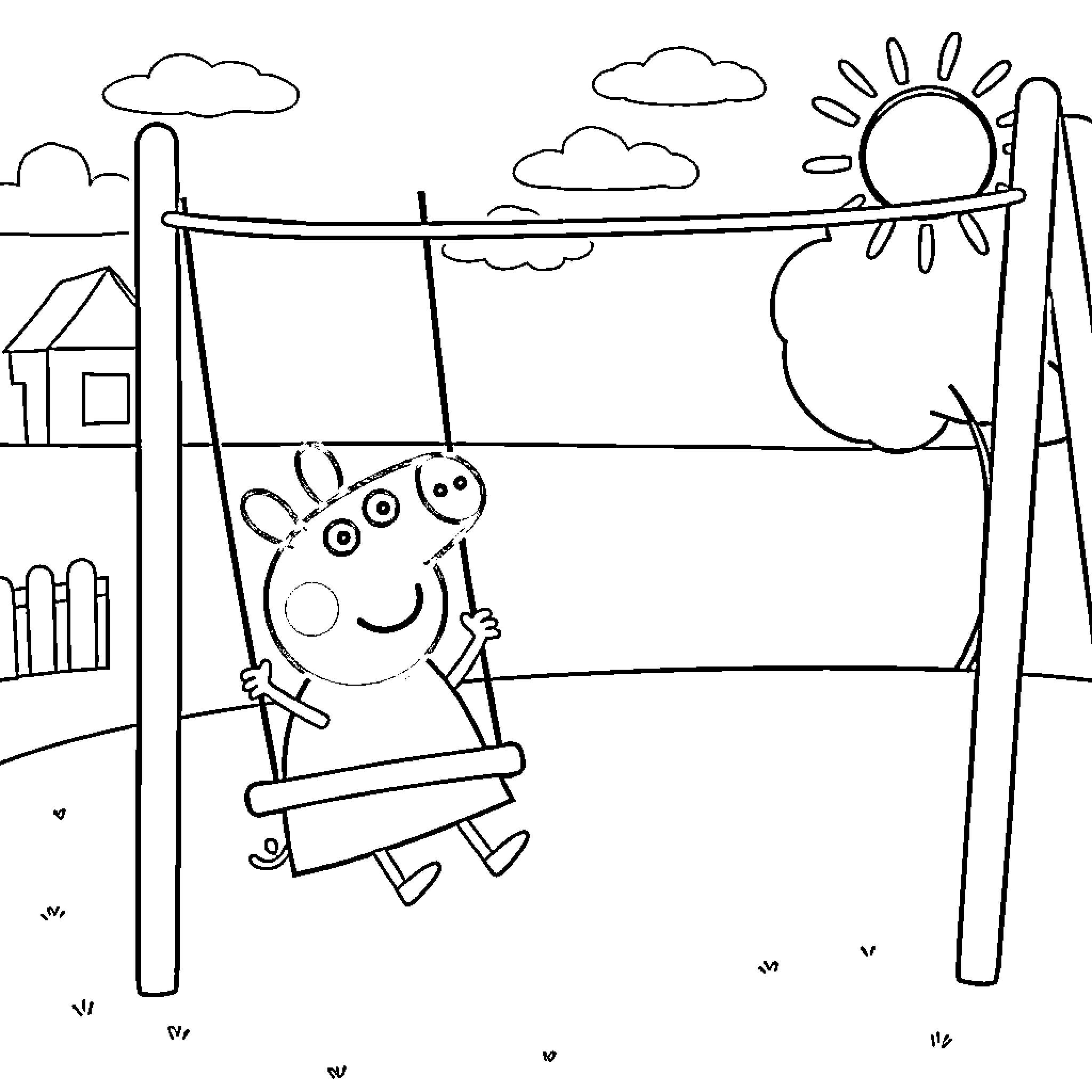 Pippa Pig enjoying sunny day on the swing Coloring Page (free black-and-white line drawing printable PDF for all, from beginners to advanced learners, including children, teens, adults, and seniors)