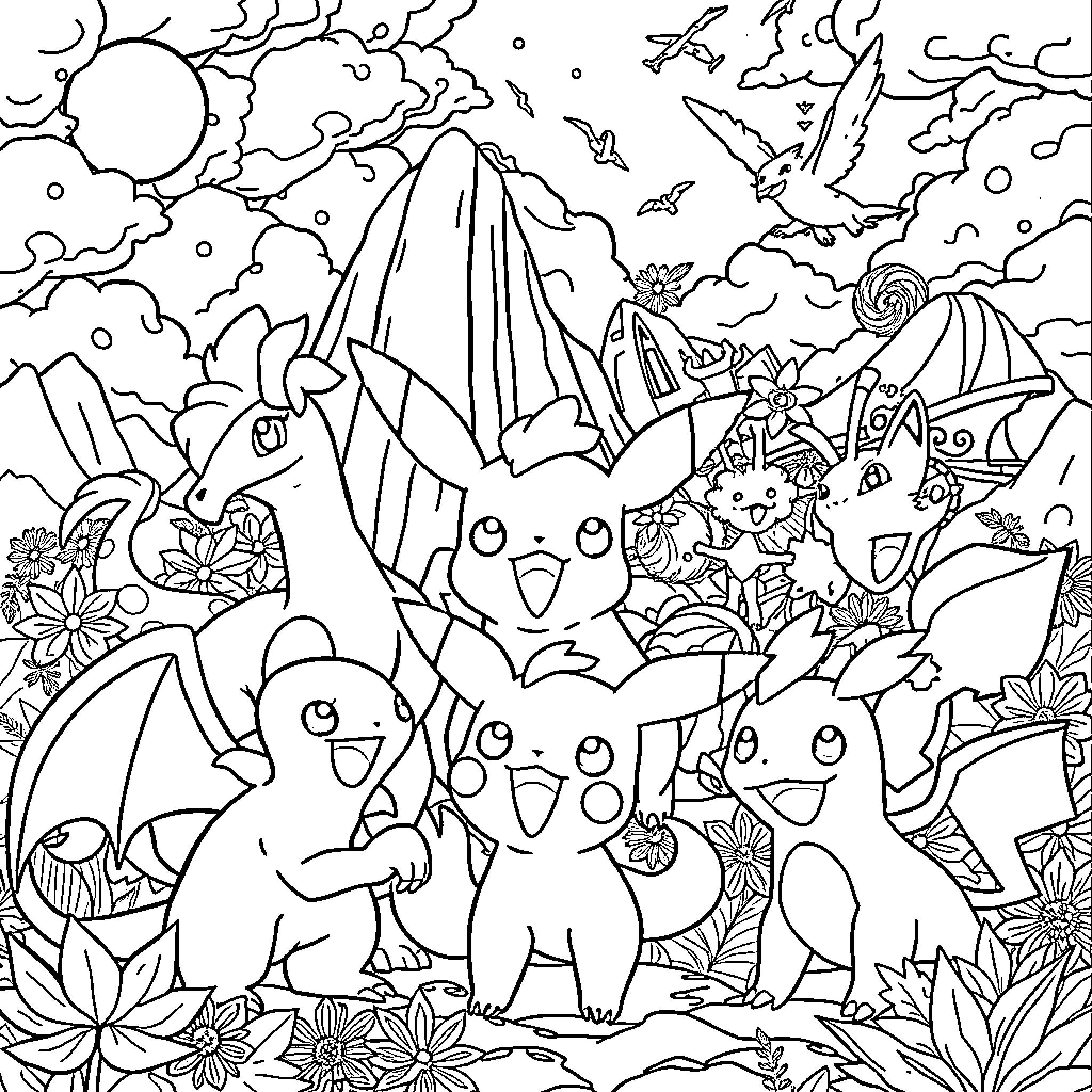 Pokémon gathering in a whimsical landscape Coloring Page (free black-and-white line drawing printable PDF for all, from beginners to advanced learners, including children, teens, adults, and seniors)