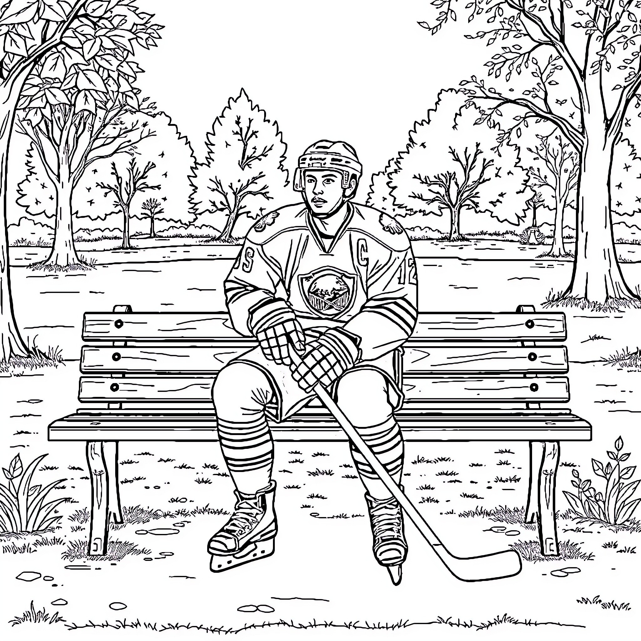 Hockey Player Sitting on Bench in Forest Coloring Page (free black-and-white line drawing printable PDF for all, from beginners to advanced learners, including children, teens, adults, and seniors)