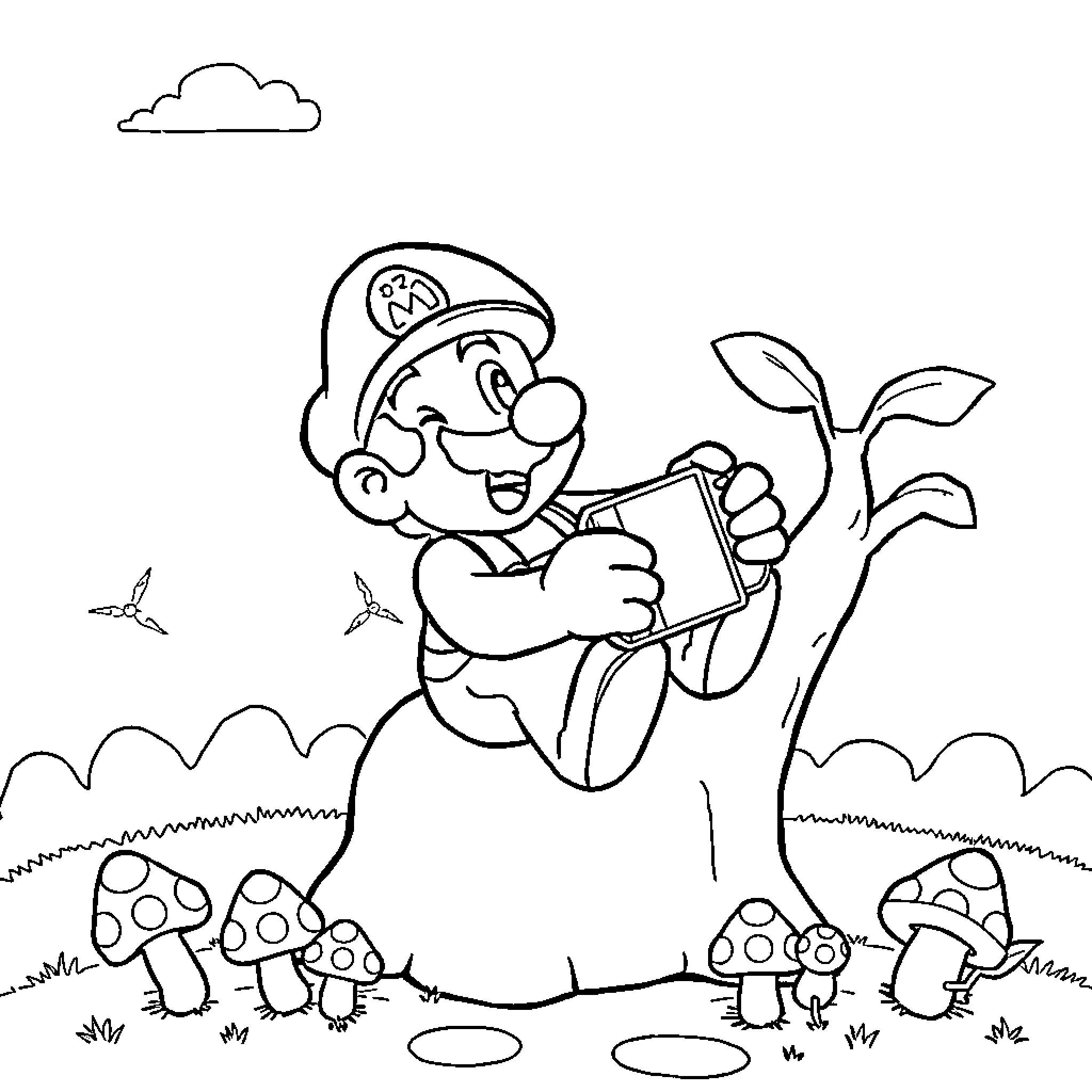 Mario exploring nature with a book Coloring Page (free black-and-white line drawing printable PDF for all, from beginners to advanced learners, including children, teens, adults, and seniors)