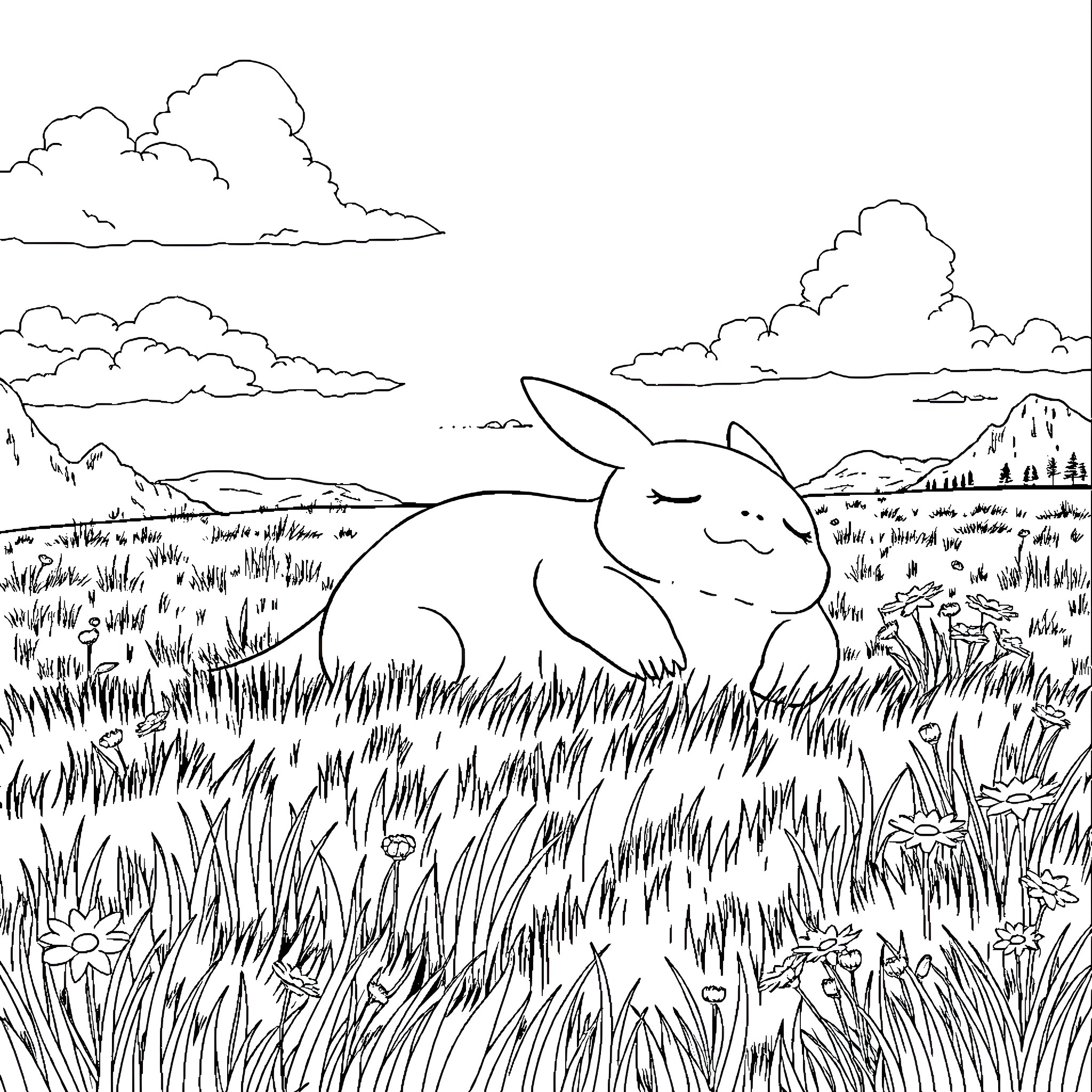 Snorlax resting peacefully in a grassy field Coloring Page (free black-and-white line drawing printable PDF for all, from beginners to advanced learners, including children, teens, adults, and seniors)