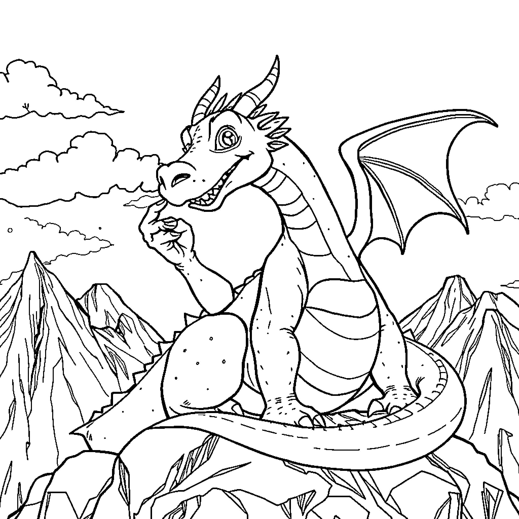 Dragon in flight over a mountain landscape Coloring Page (free black-and-white line drawing printable PDF for all, from beginners to advanced learners, including children, teens, adults, and seniors)