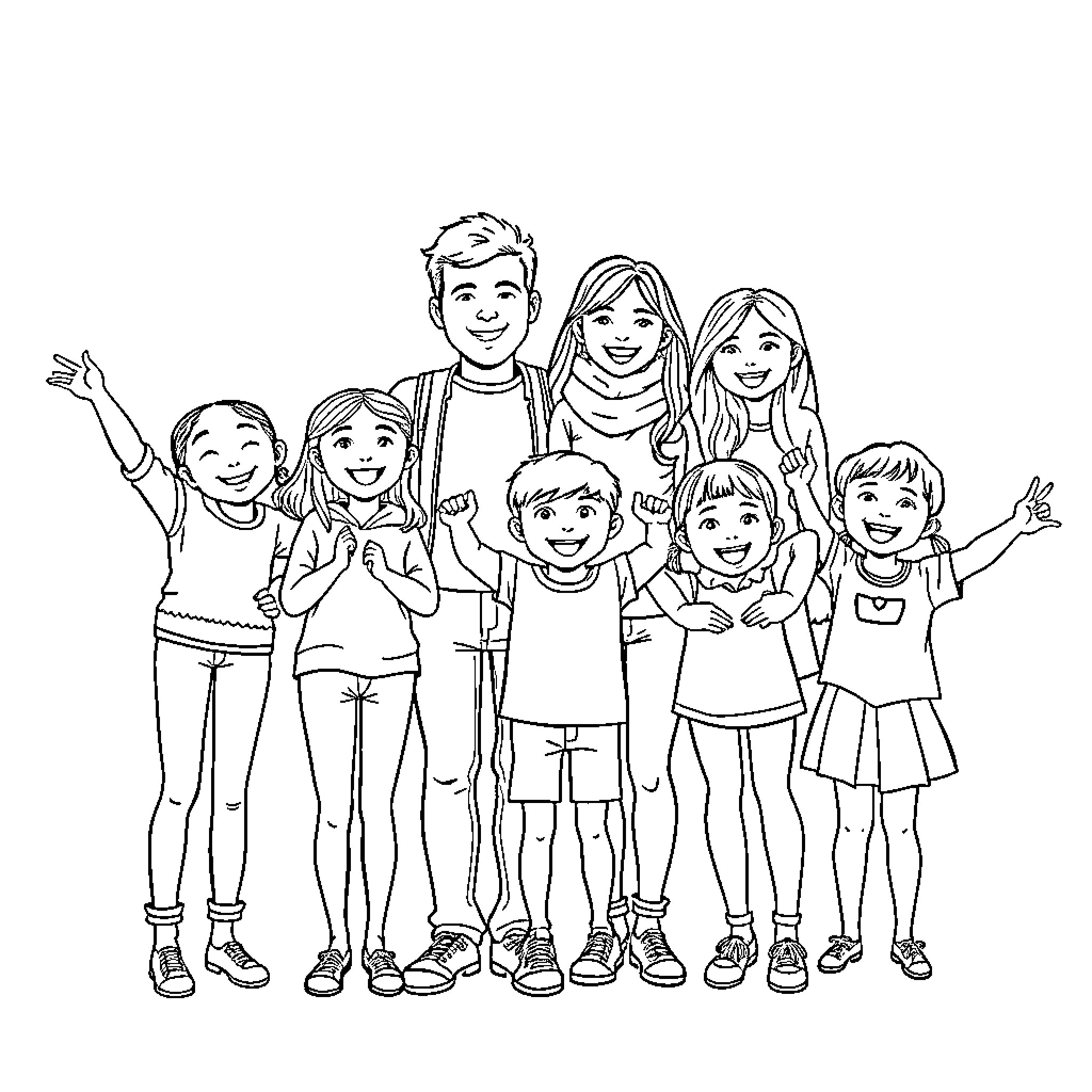 Parents and children posing happily together Coloring Page (free black-and-white line drawing printable PDF for all, from beginners to advanced learners, including children, teens, adults, and seniors)