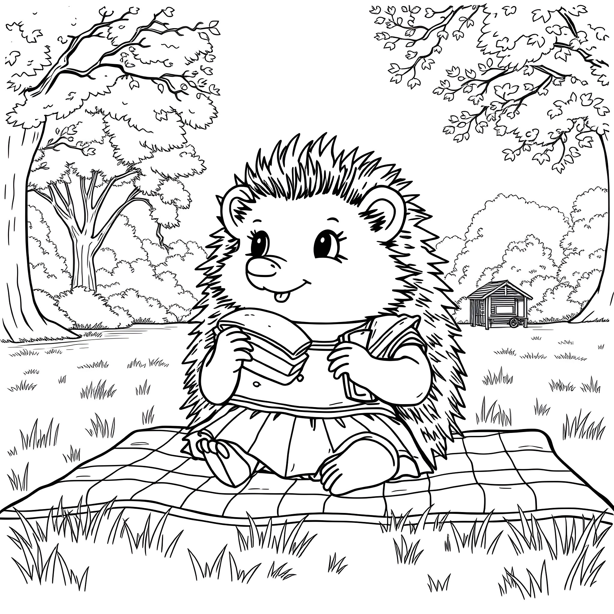 Hedgehog reading a book in the forest Coloring Page (free black-and-white line drawing printable PDF for all, from beginners to advanced learners, including children, teens, adults, and seniors)