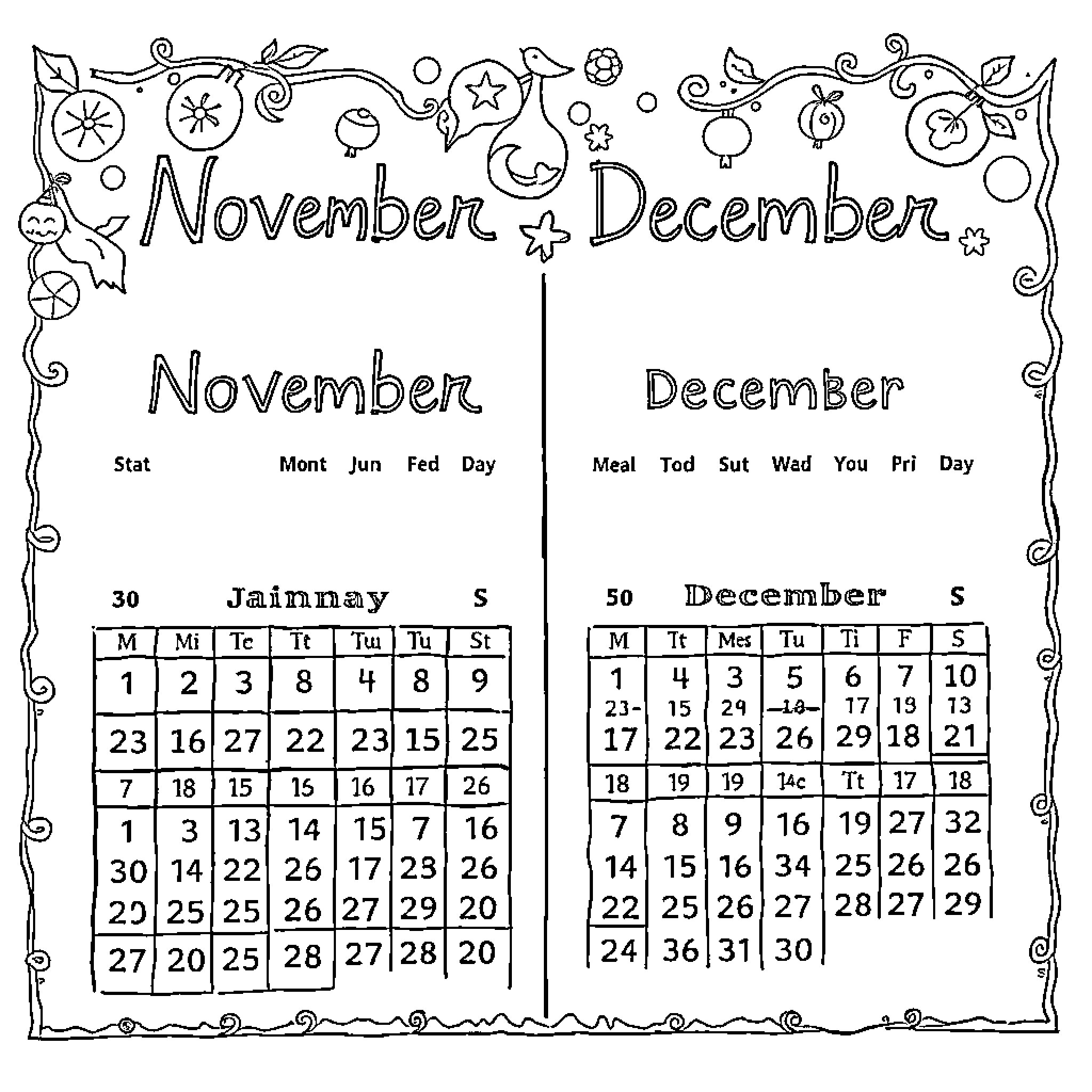 Calendar of November and December Months Coloring Page (free black-and-white line drawing printable PDF for all, from beginners to advanced learners, including children, teens, adults, and seniors)