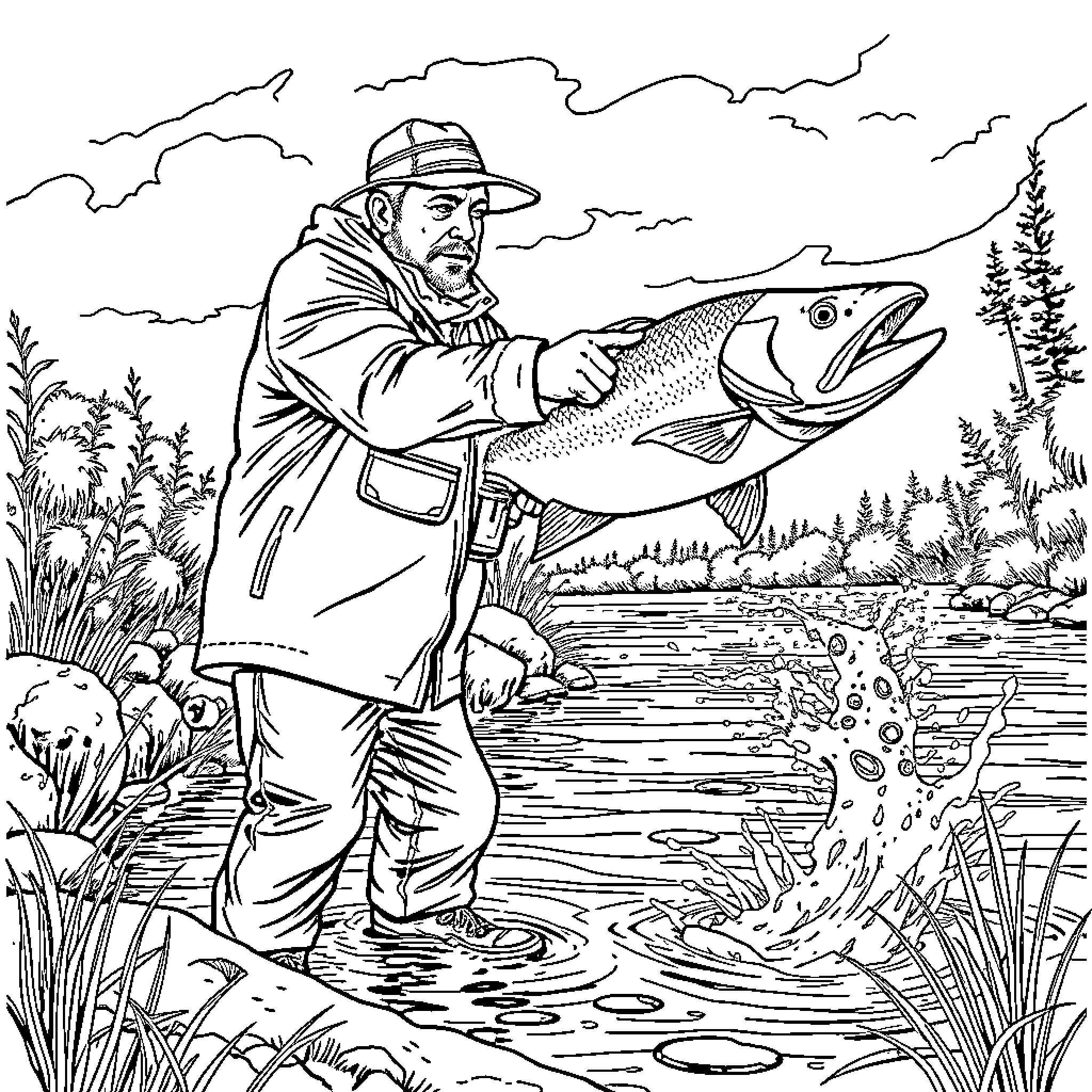 Fisherman proudly displaying his catch in the river Coloring Page (free black-and-white line drawing printable PDF for all, from beginners to advanced learners, including children, teens, adults, and seniors)