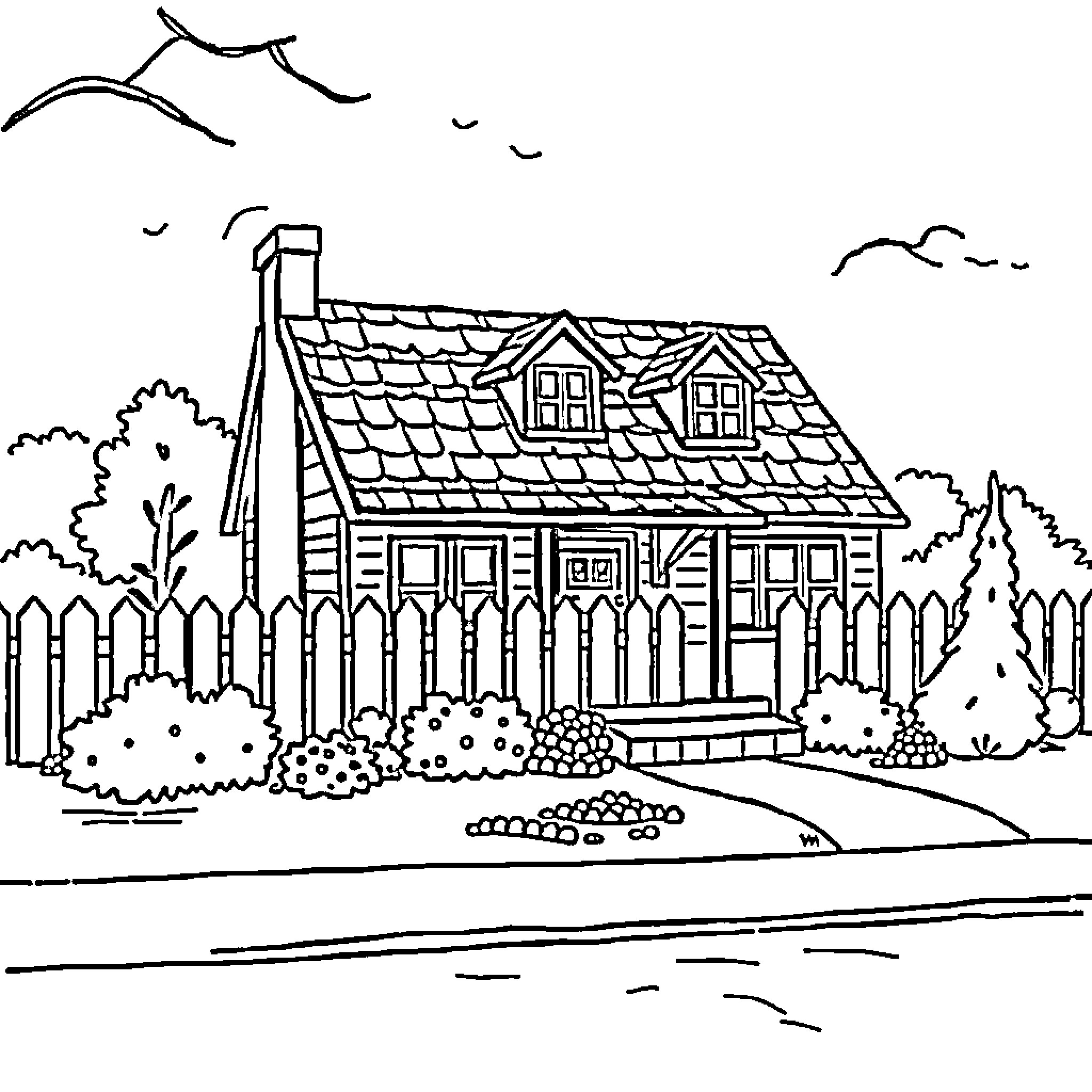 House with charming rustic cottage in countryside Coloring Page (free black-and-white line drawing printable PDF for all, from beginners to advanced learners, including children, teens, adults, and seniors)