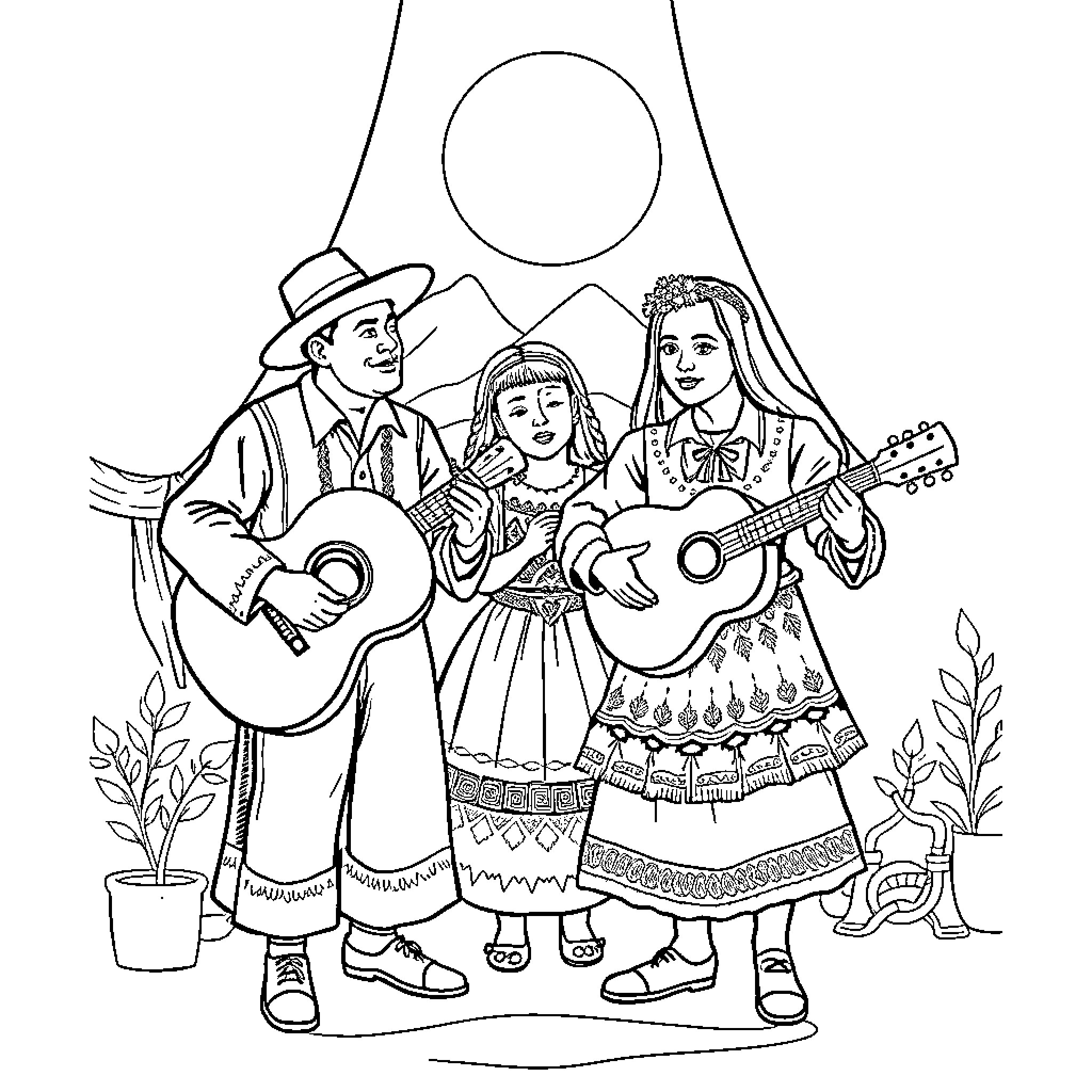 Día de la Canción Criolla: Musicians performing traditional folk music Coloring Page (free black-and-white line drawing printable PDF for all, from beginners to advanced learners, including children, teens, adults, and seniors)