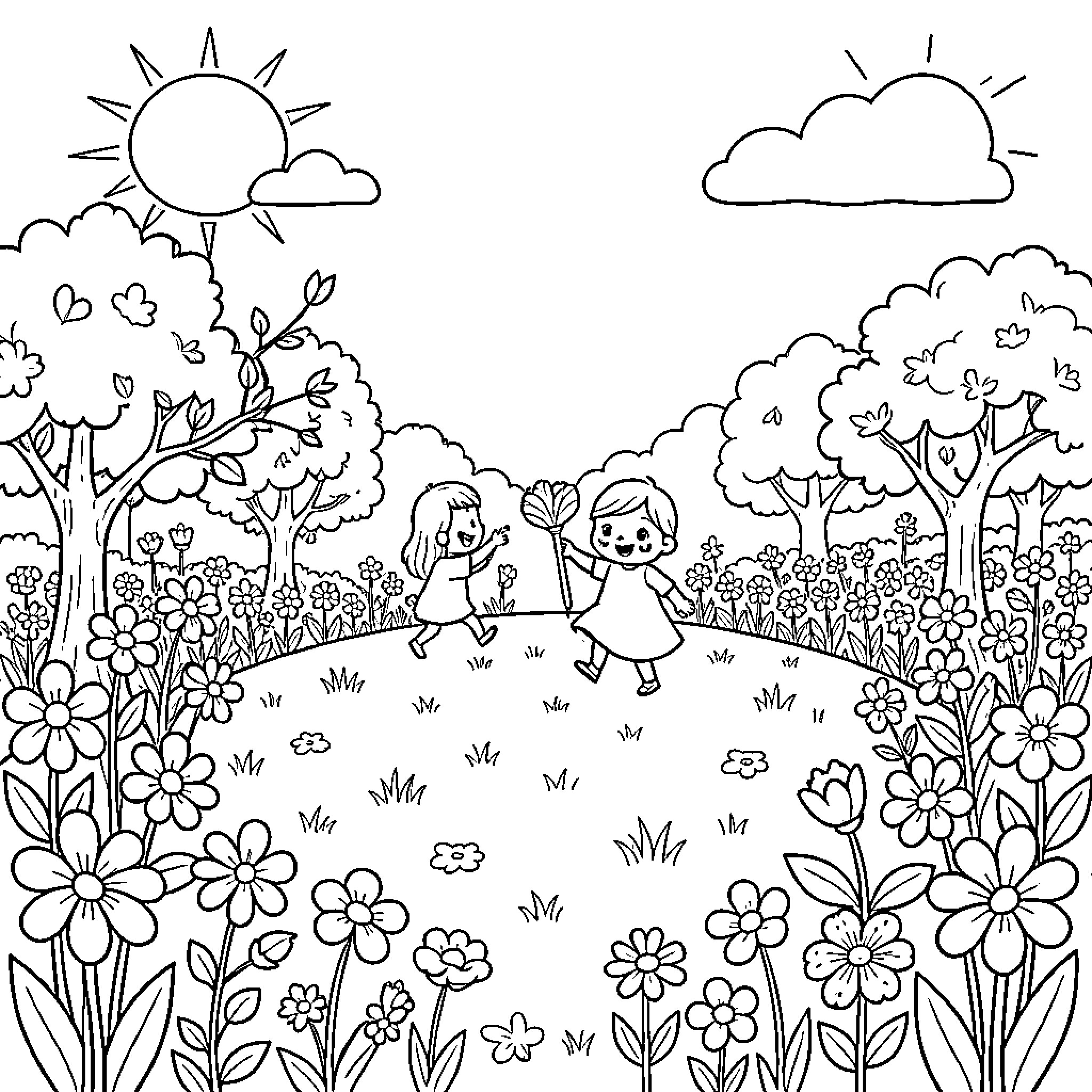 Spring Day in the Flowering Garden Coloring Page (free black-and-white line drawing printable PDF for all, from beginners to advanced learners, including children, teens, adults, and seniors)
