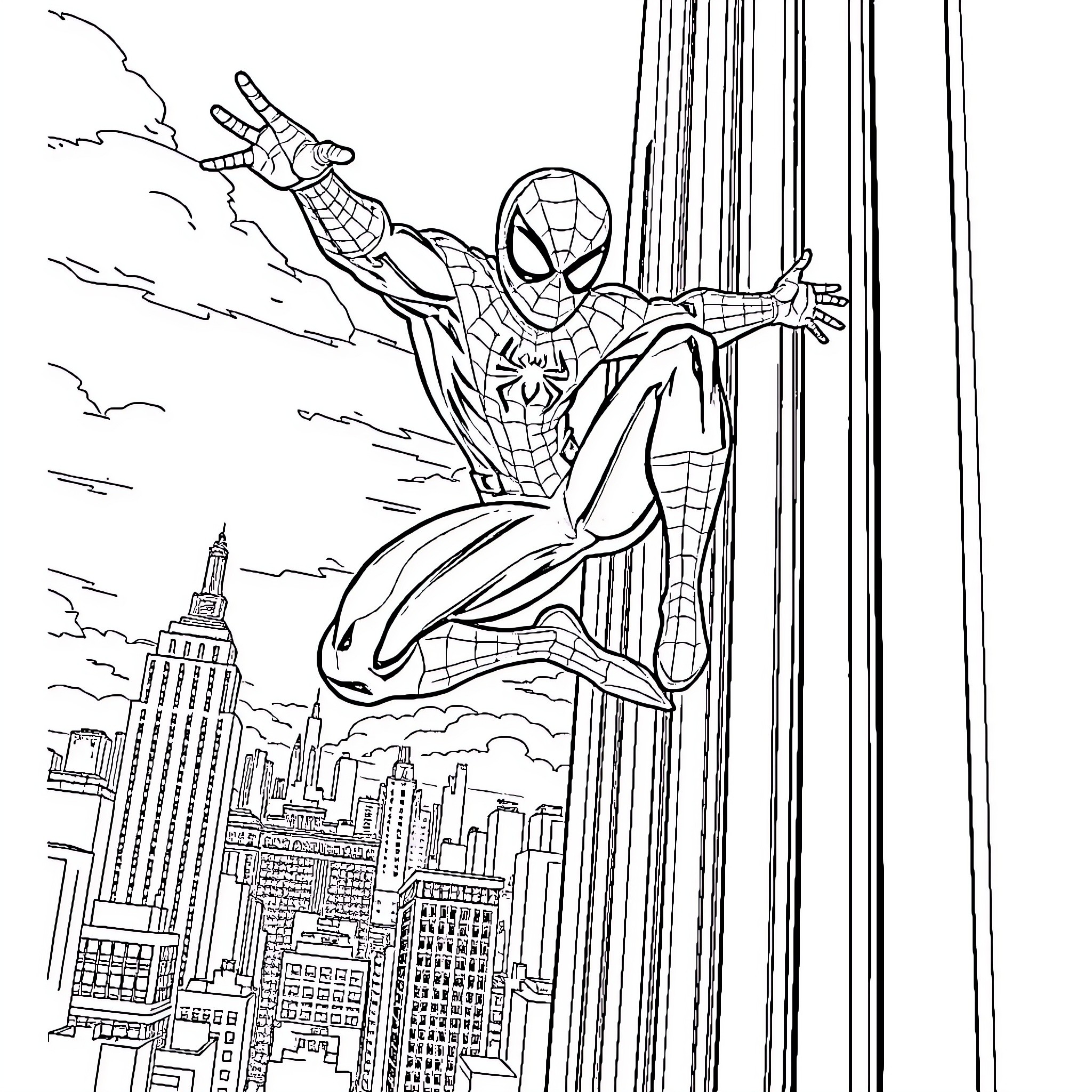 Spiderman swinging over the city skyline Coloring Page (free black-and-white line drawing printable PDF for all, from beginners to advanced learners, including children, teens, adults, and seniors)