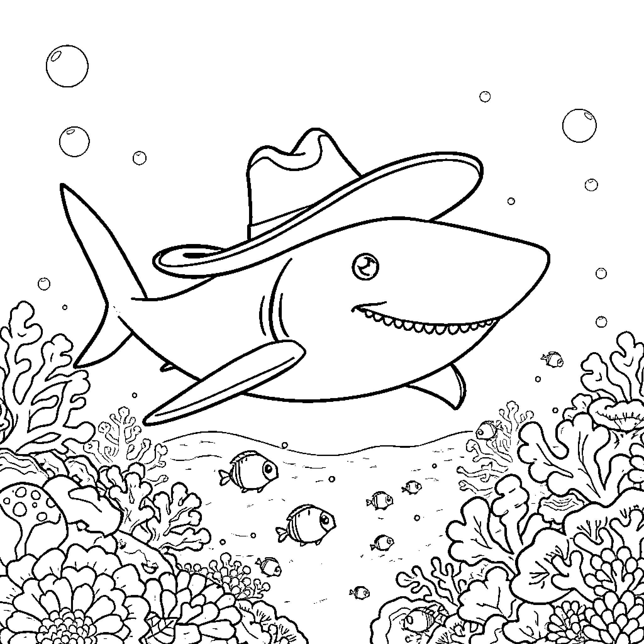 Whale Shark wearing a cowboy hat in the ocean Coloring Page (free black-and-white line drawing printable PDF for all, from beginners to advanced learners, including children, teens, adults, and seniors)