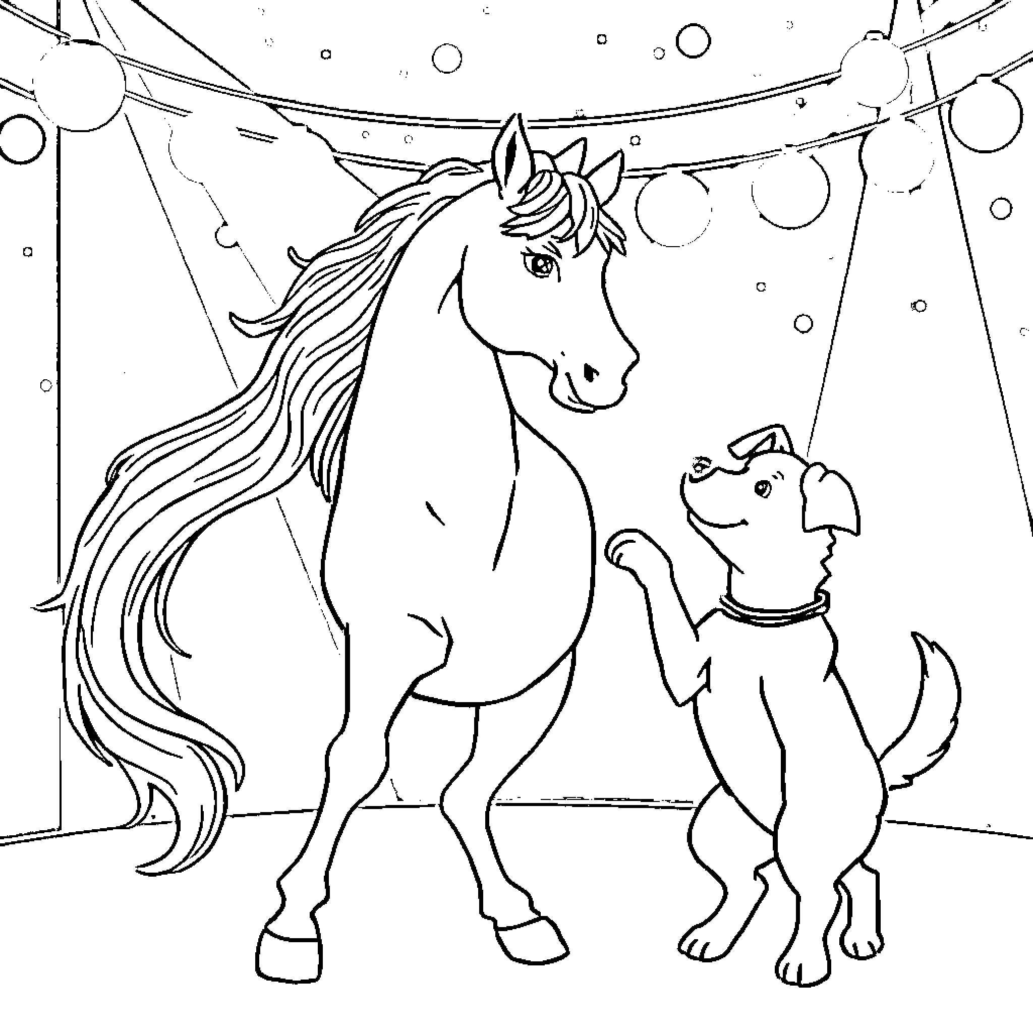 Horse and dog performing in circus Coloring Page (free black-and-white line drawing printable PDF for all, from beginners to advanced learners, including children, teens, adults, and seniors)