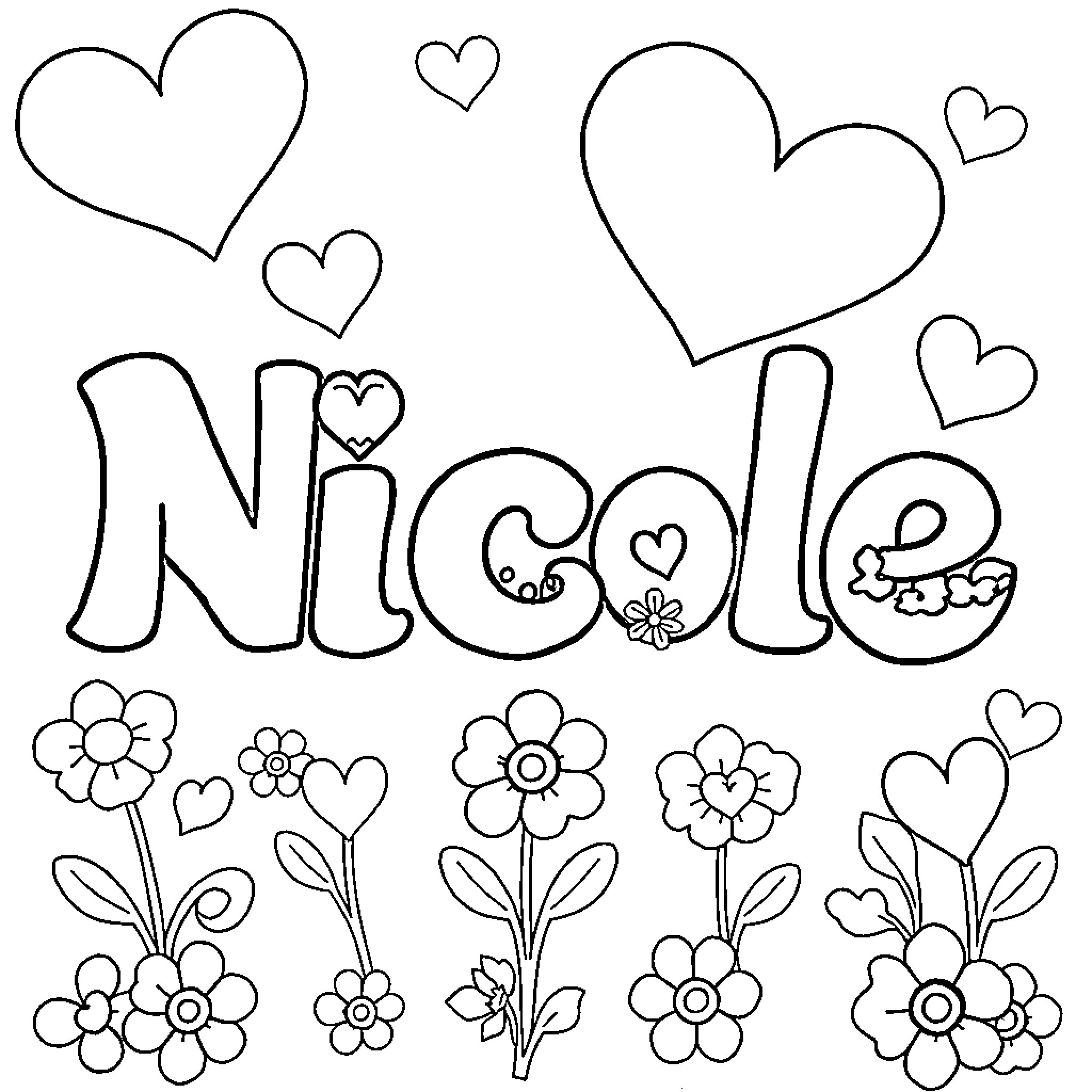 Nicole's Playful Heart-Themed Drawing Coloring Page (free black-and-white line drawing printable PDF for all, from beginners to advanced learners, including children, teens, adults, and seniors)