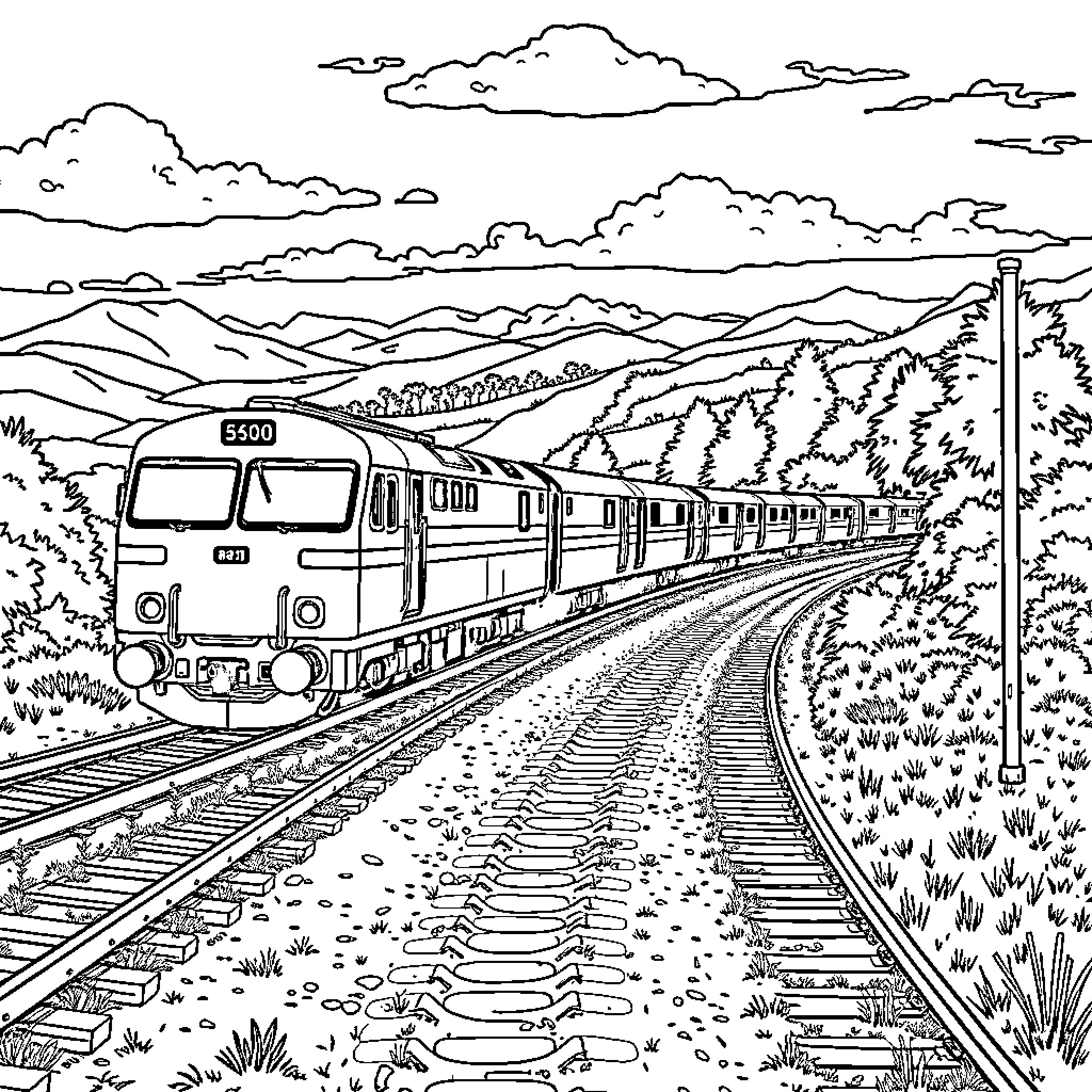 Train traveling through picturesque mountain landscape Coloring Page (free black-and-white line drawing printable PDF for all, from beginners to advanced learners, including children, teens, adults, and seniors)