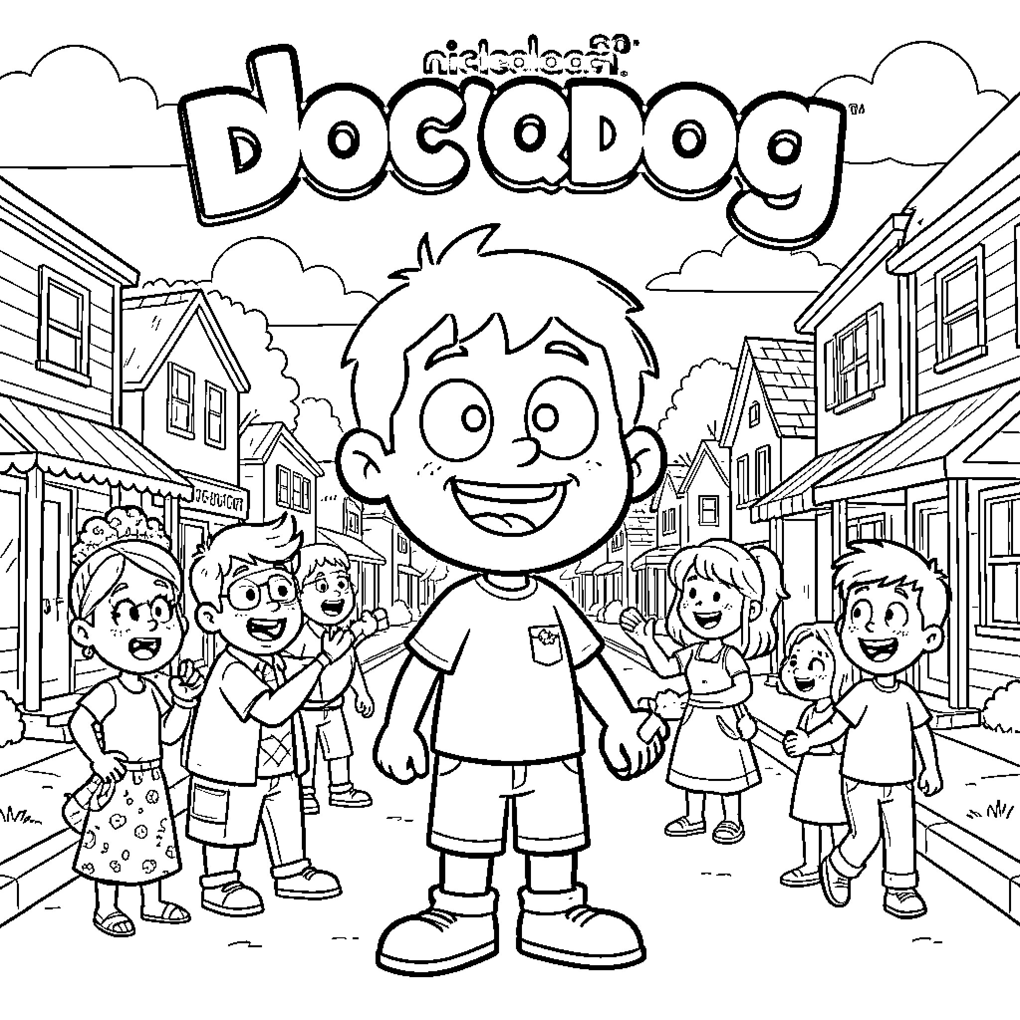 Doug's Exciting Day with Friends in Town Coloring Page (free black-and-white line drawing printable PDF for all, from beginners to advanced learners, including children, teens, adults, and seniors)