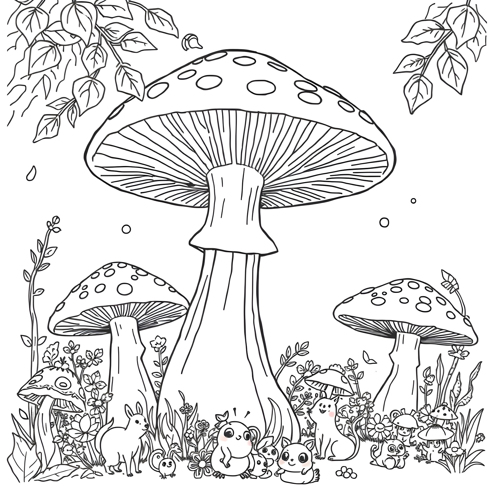 Mushroom Forest Dwellers Coloring Page (free black-and-white line drawing printable PDF for all, from beginners to advanced learners, including children, teens, adults, and seniors)