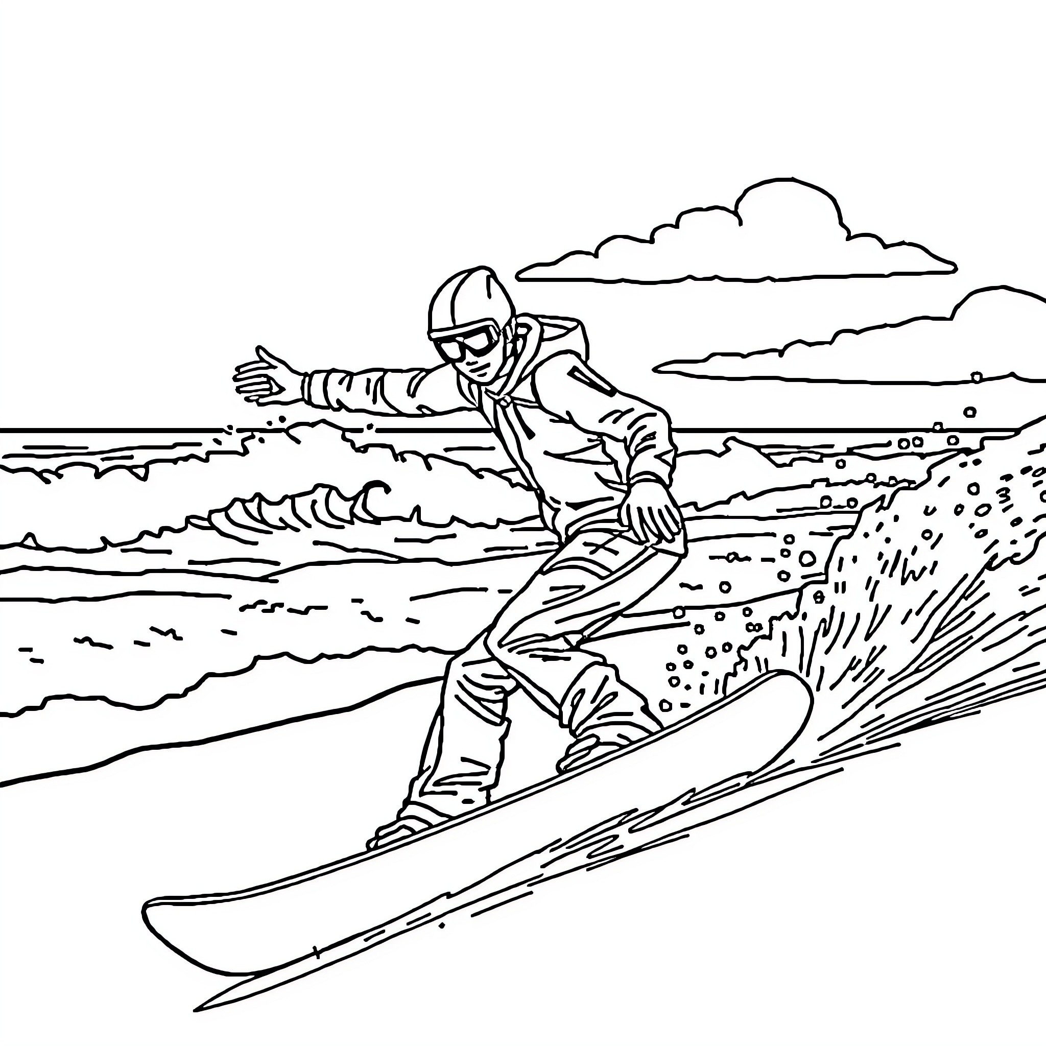 Snowboarder carving through snowy landscape Coloring Page (free black-and-white line drawing printable PDF for all, from beginners to advanced learners, including children, teens, adults, and seniors)
