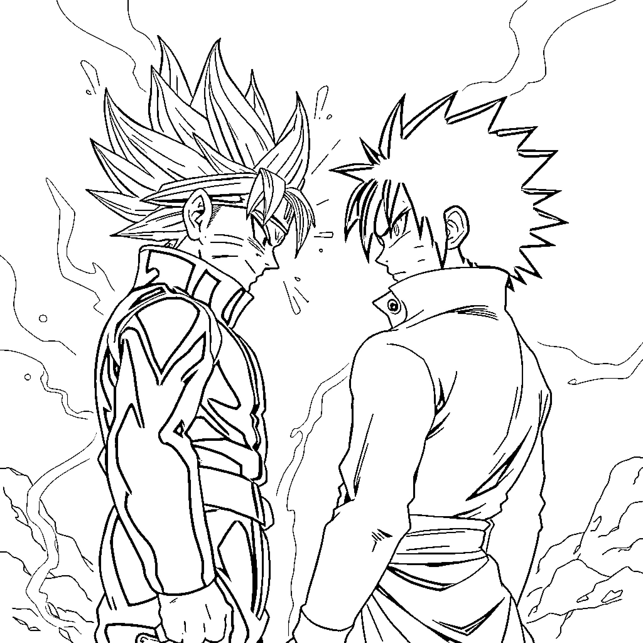 Naruto characters in intense combat Coloring Page (free black-and-white line drawing printable PDF for all, from beginners to advanced learners, including children, teens, adults, and seniors)