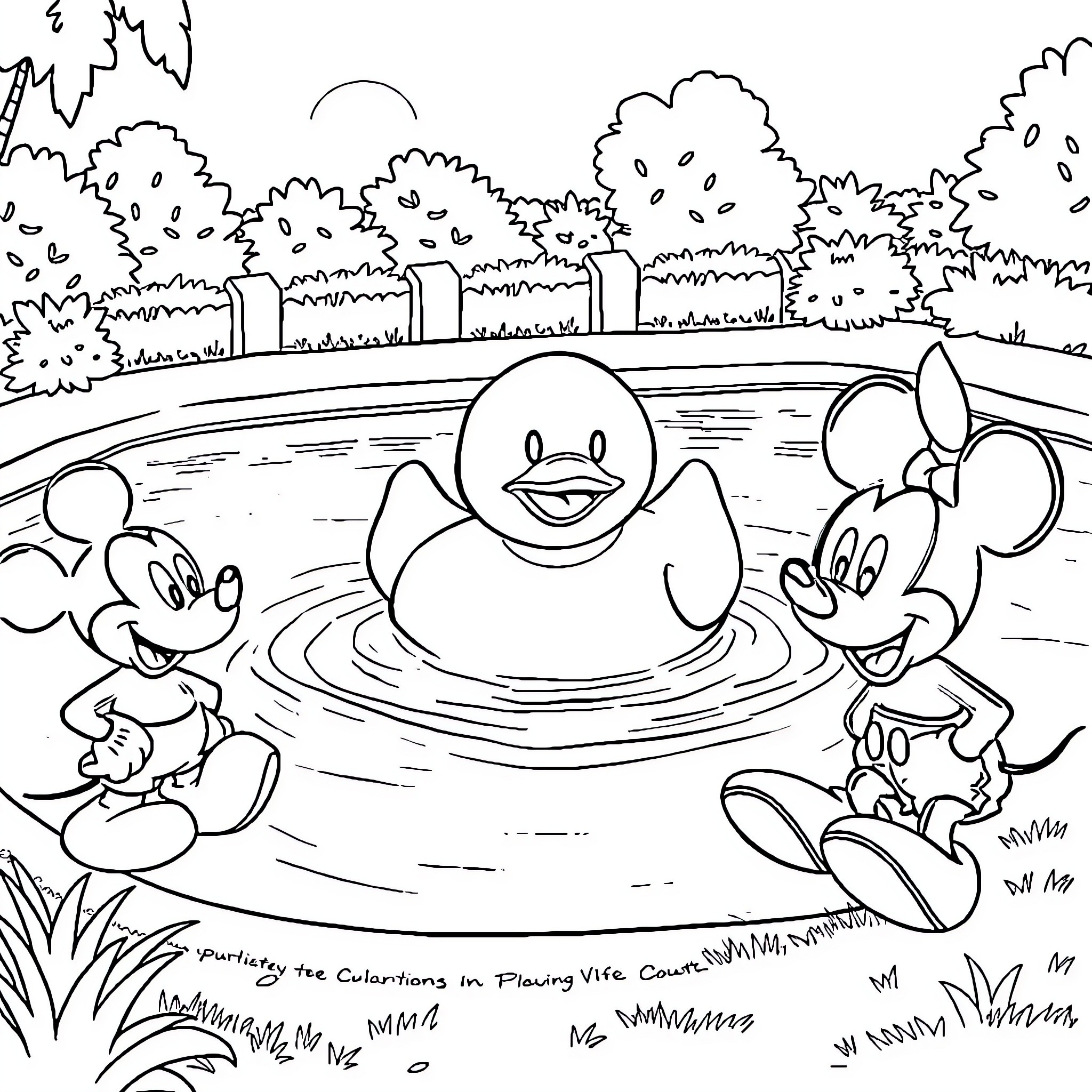 Rubber Duck playing with friends in the pond Coloring Page (free black-and-white line drawing printable PDF for all, from beginners to advanced learners, including children, teens, adults, and seniors)