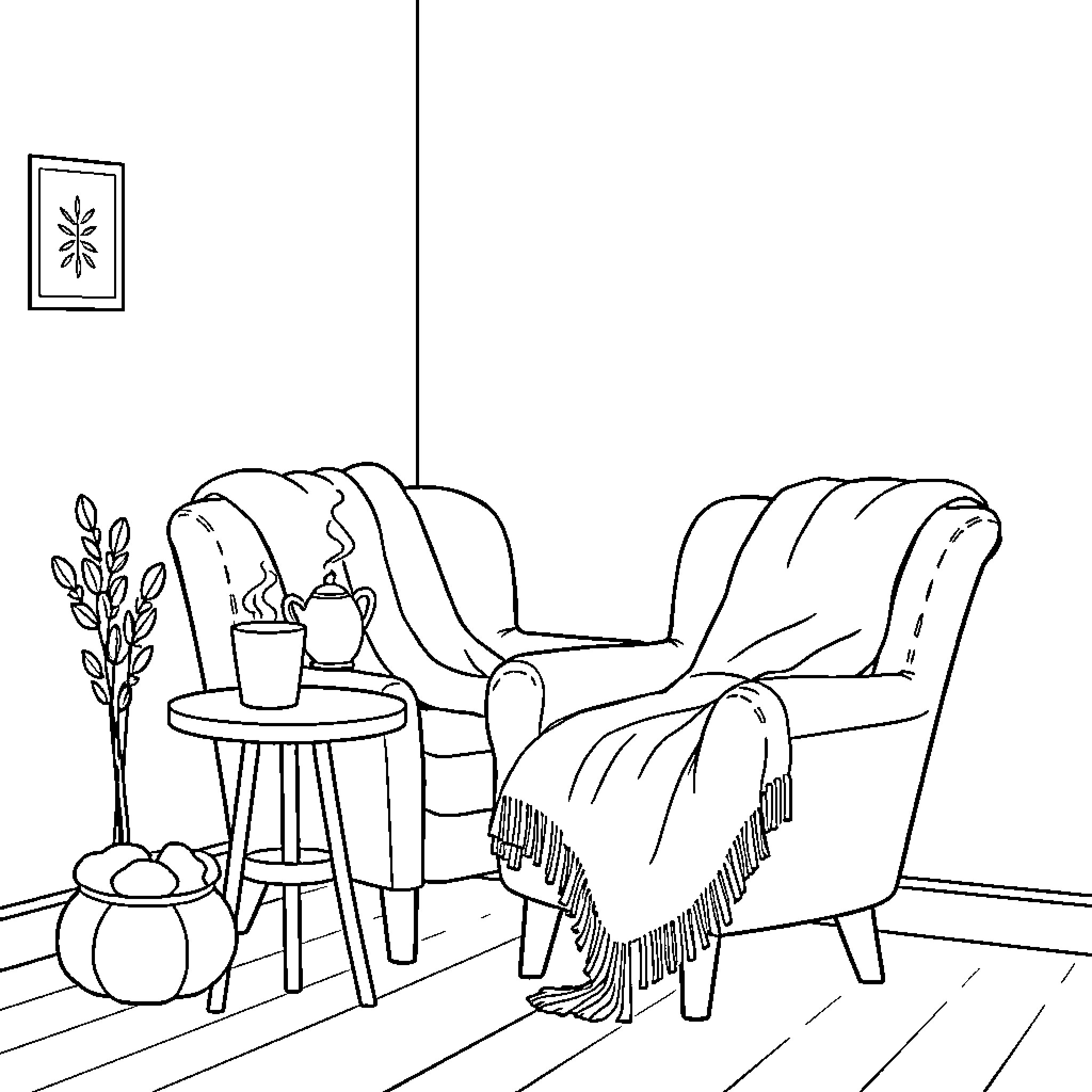 Corner of Cozy Retreat with Armchair and Decor Coloring Page (free black-and-white line drawing printable PDF for all, from beginners to advanced learners, including children, teens, adults, and seniors)