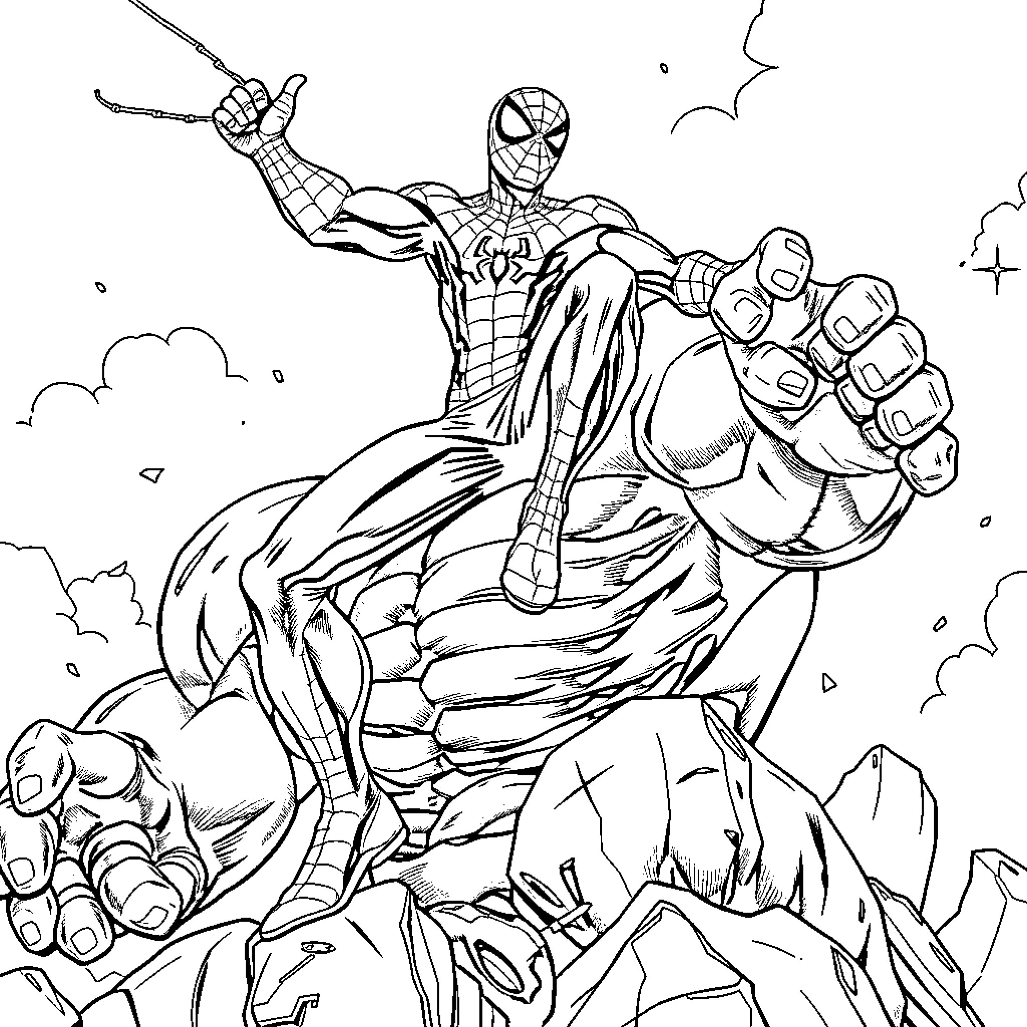 Spiderman swinging into action with determination Coloring Page (free black-and-white line drawing printable PDF for all, from beginners to advanced learners, including children, teens, adults, and seniors)