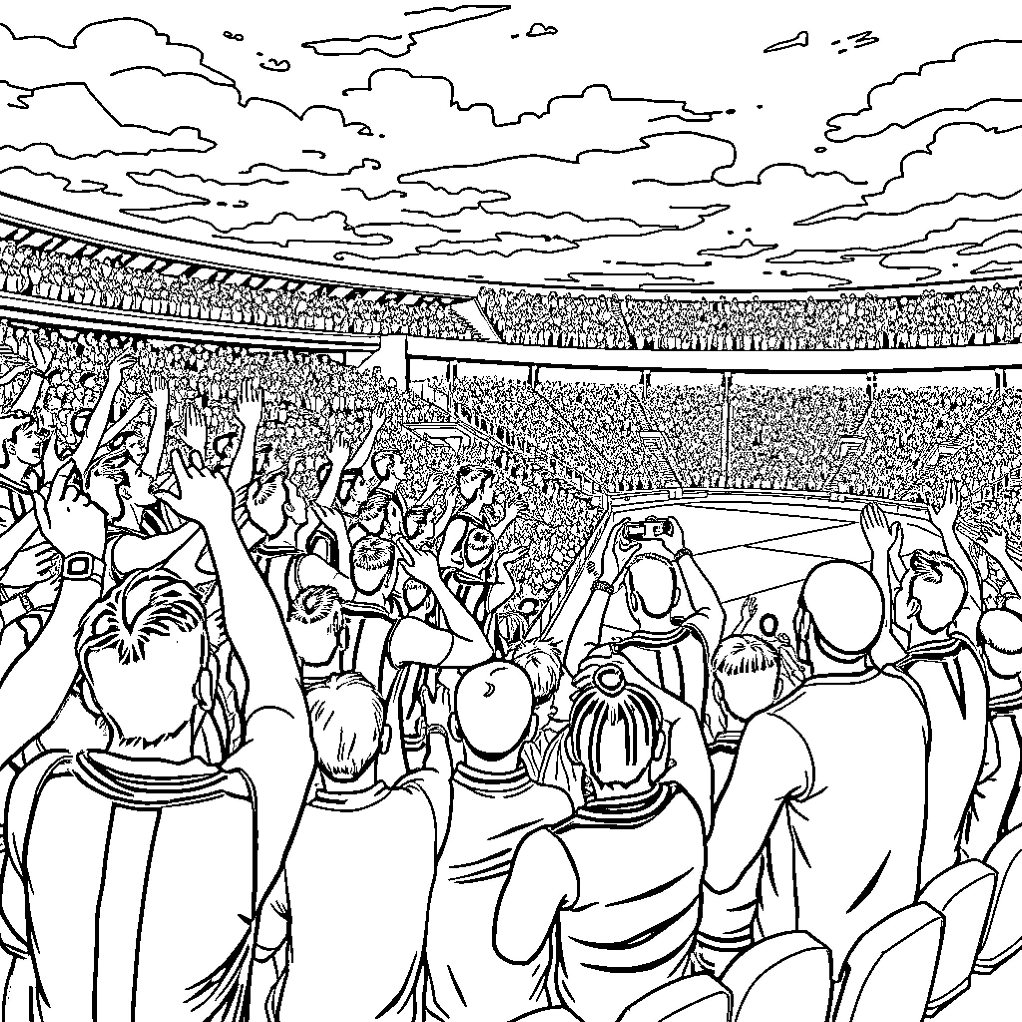 Collingwood Football Club Supporters in Packed Stadium Coloring Page (free black-and-white line drawing printable PDF for all, from beginners to advanced learners, including children, teens, adults, and seniors)