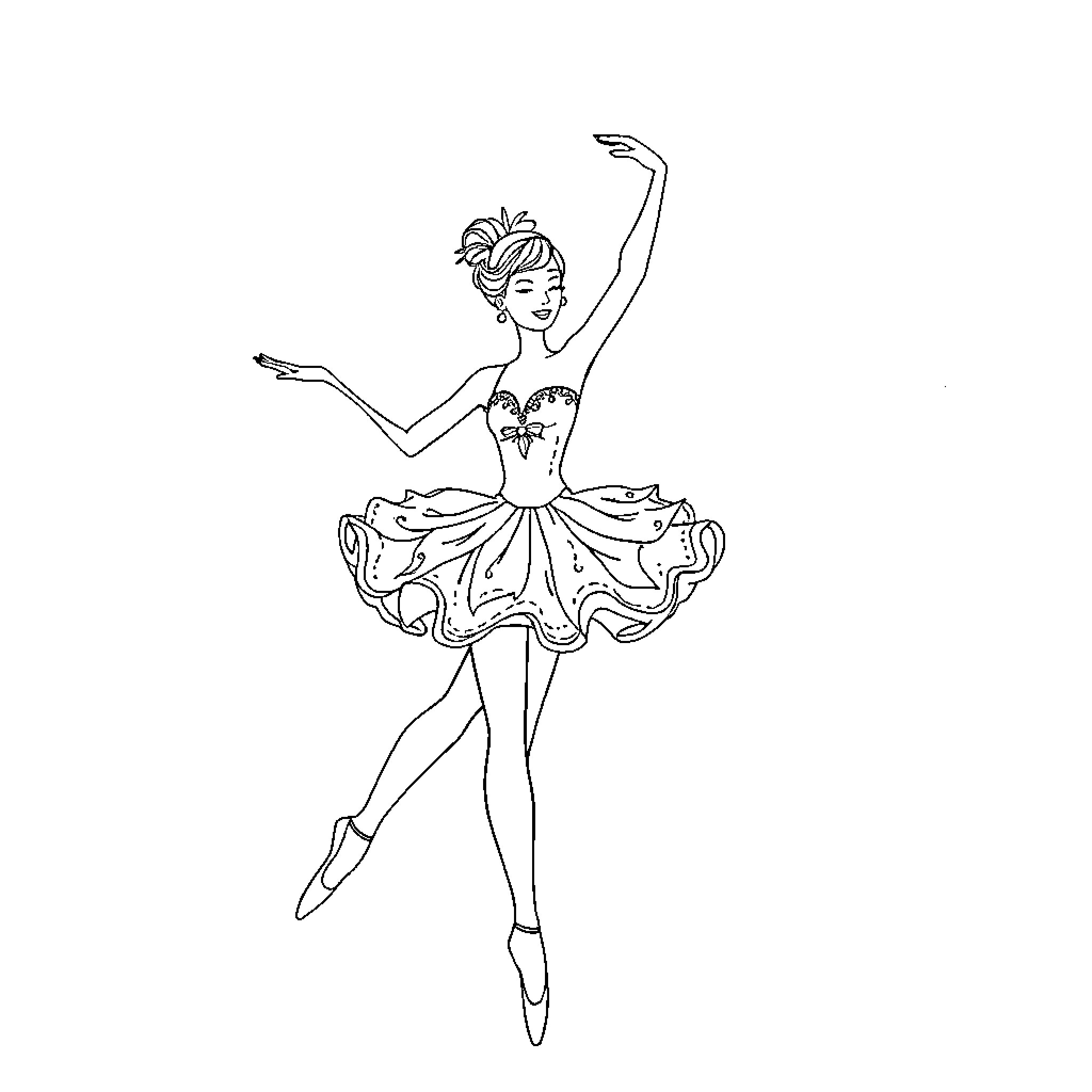 Ballerina gracefully performing ballet dance Coloring Page (free black-and-white line drawing printable PDF for all, from beginners to advanced learners, including children, teens, adults, and seniors)