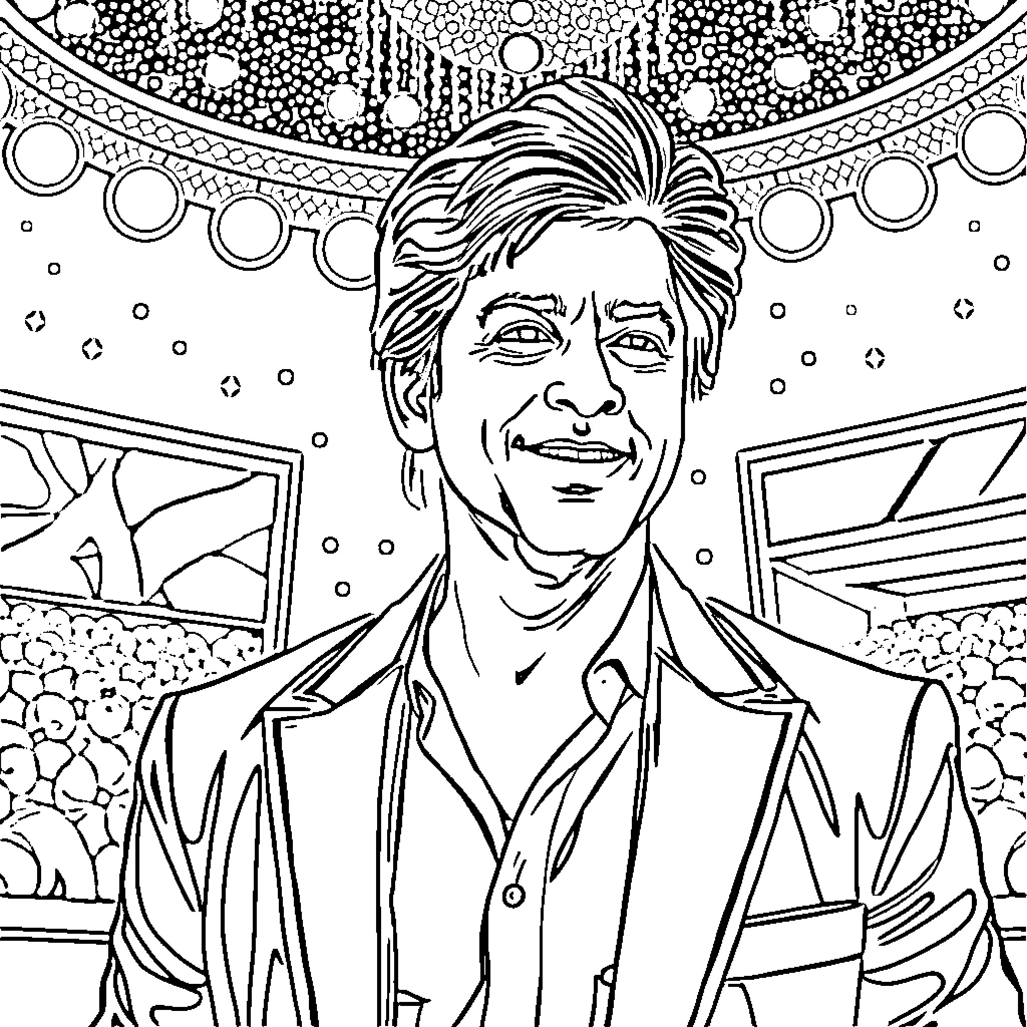 Shah Rukh Khan in a stylized portrait Coloring Page (free black-and-white line drawing printable PDF for all, from beginners to advanced learners, including children, teens, adults, and seniors)