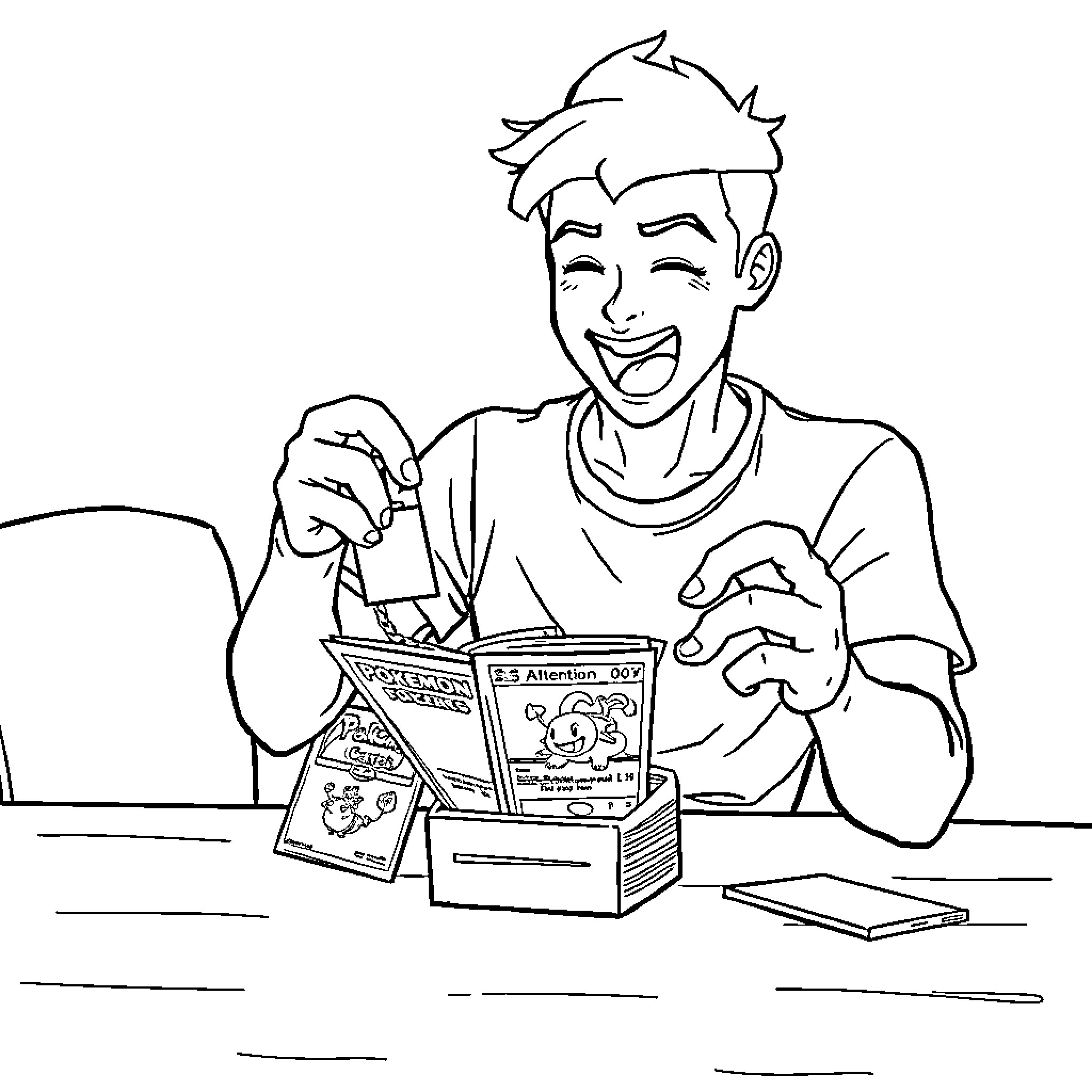 Guy reading comic book with excitement Coloring Page (free black-and-white line drawing printable PDF for all, from beginners to advanced learners, including children, teens, adults, and seniors)