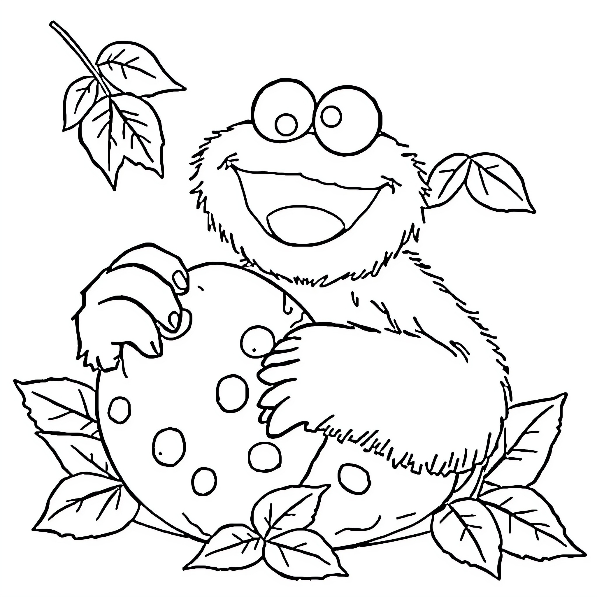 Cookie Monster surrounded by leaves and bubbles Coloring Page (free black-and-white line drawing printable PDF for all, from beginners to advanced learners, including children, teens, adults, and seniors)