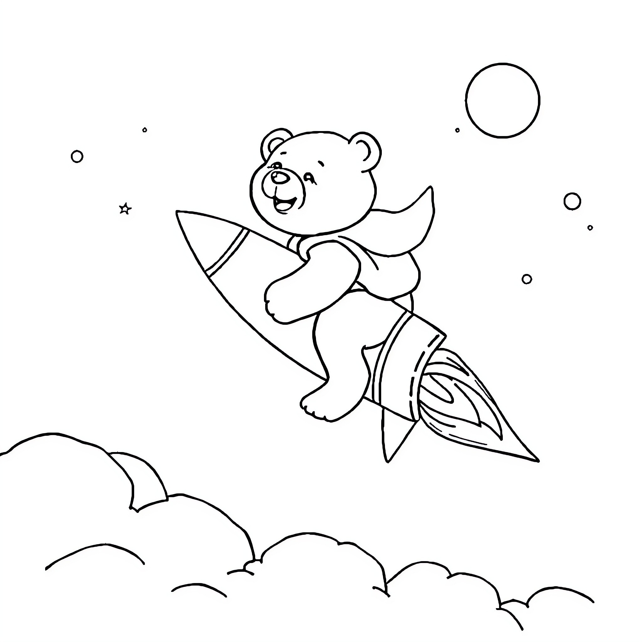 Bear surfs through the clouds Coloring Page (free black-and-white line drawing printable PDF for all, from beginners to advanced learners, including children, teens, adults, and seniors)