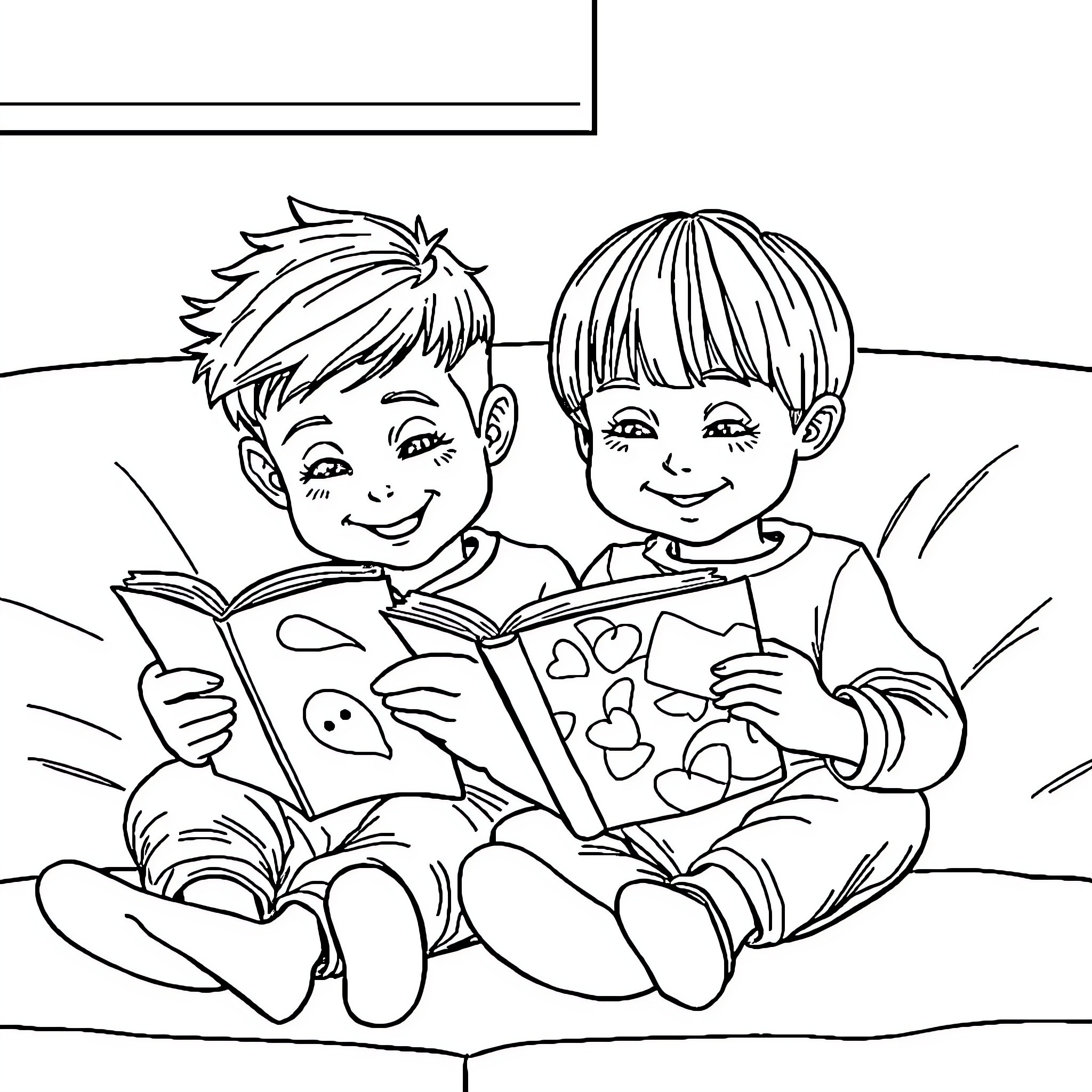 Brother's Reading Time Together Coloring Page (free black-and-white line drawing printable PDF for all, from beginners to advanced learners, including children, teens, adults, and seniors)