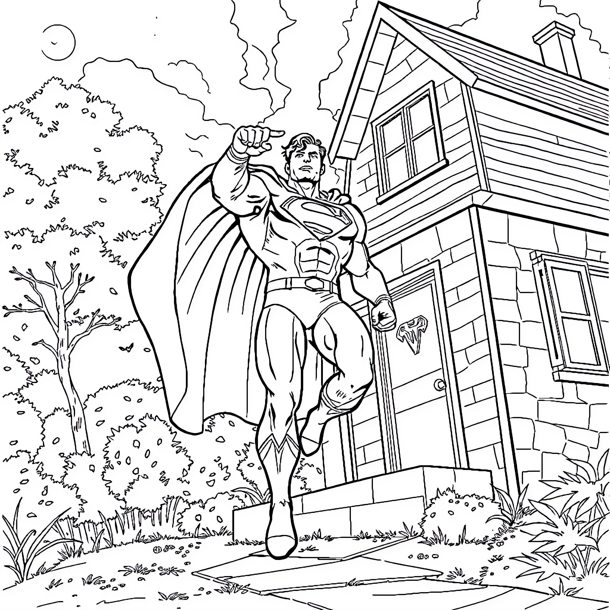 Superman heroically guarding a building in the night Coloring Page (free black-and-white line drawing printable PDF for all, from beginners to advanced learners, including children, teens, adults, and seniors)