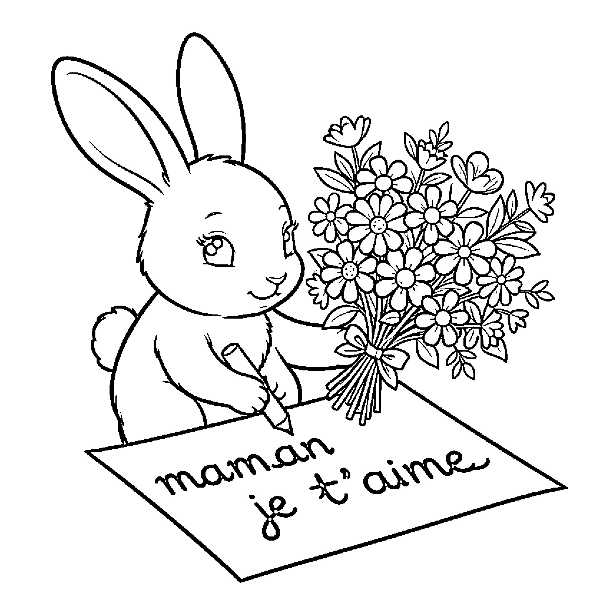 Rabbit holding a bouquet of flowers for Mother Coloring Page (free black-and-white line drawing printable PDF for all, from beginners to advanced learners, including children, teens, adults, and seniors)