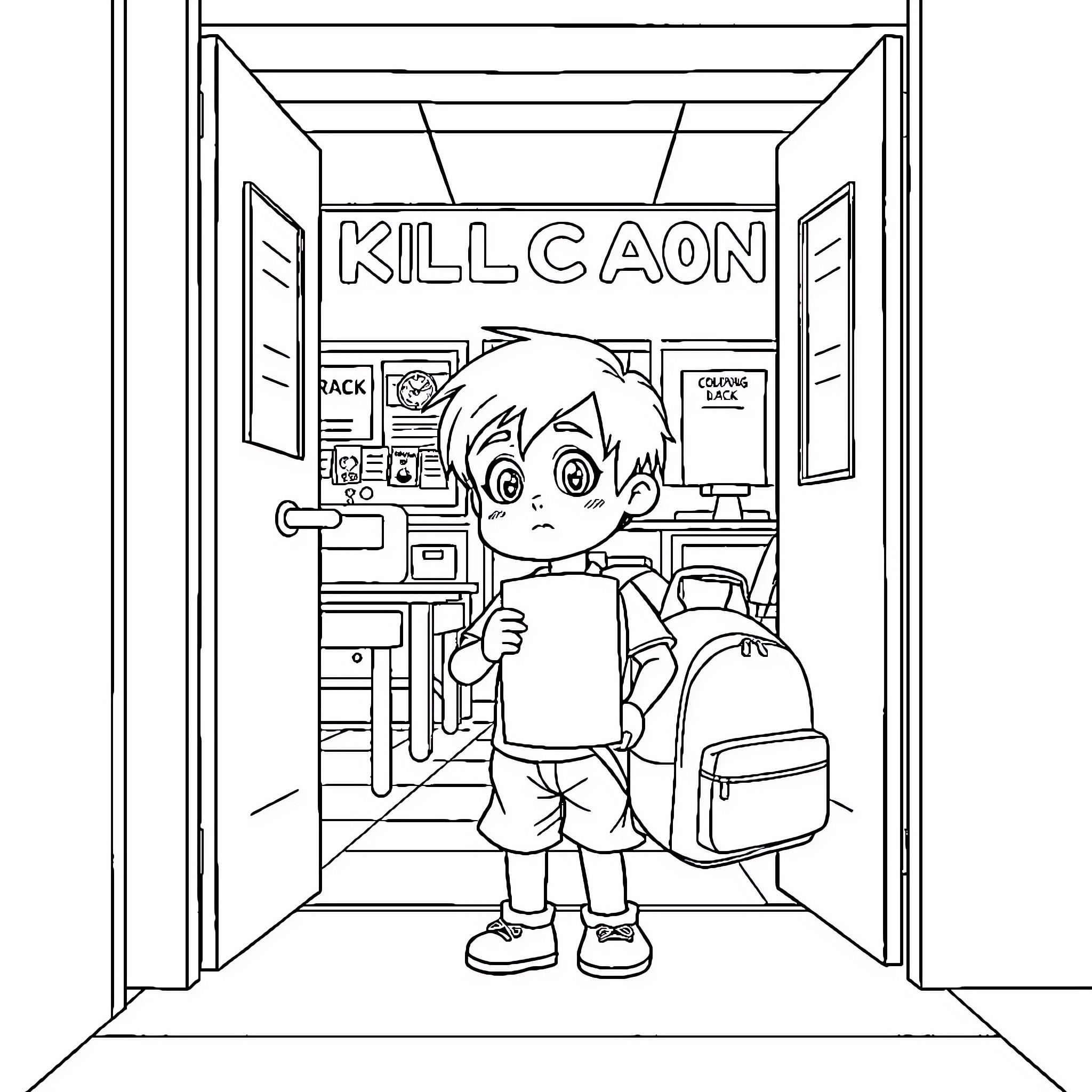 Child in school hallway with backpack Coloring Page (free black-and-white line drawing printable PDF for all, from beginners to advanced learners, including children, teens, adults, and seniors)