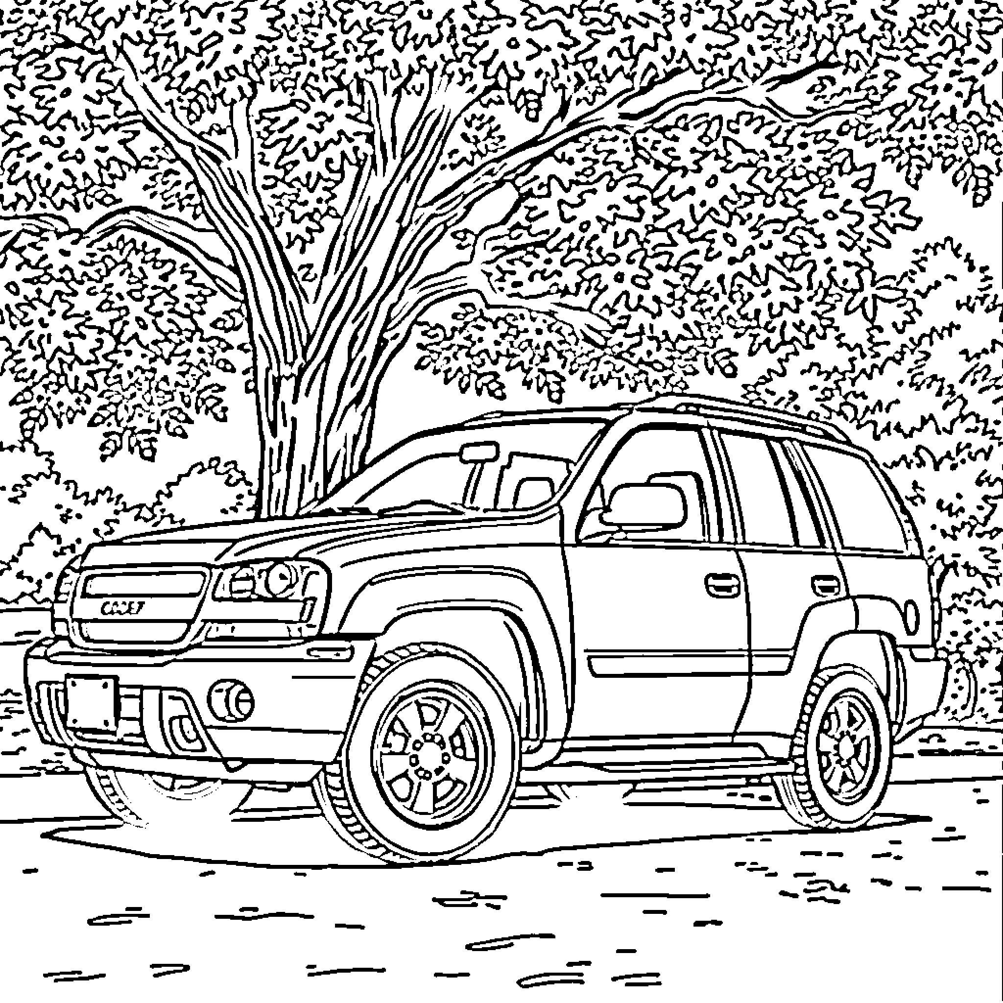 Trailblazer sports utility vehicle off-road adventure Coloring Page (free black-and-white line drawing printable PDF for all, from beginners to advanced learners, including children, teens, adults, and seniors)