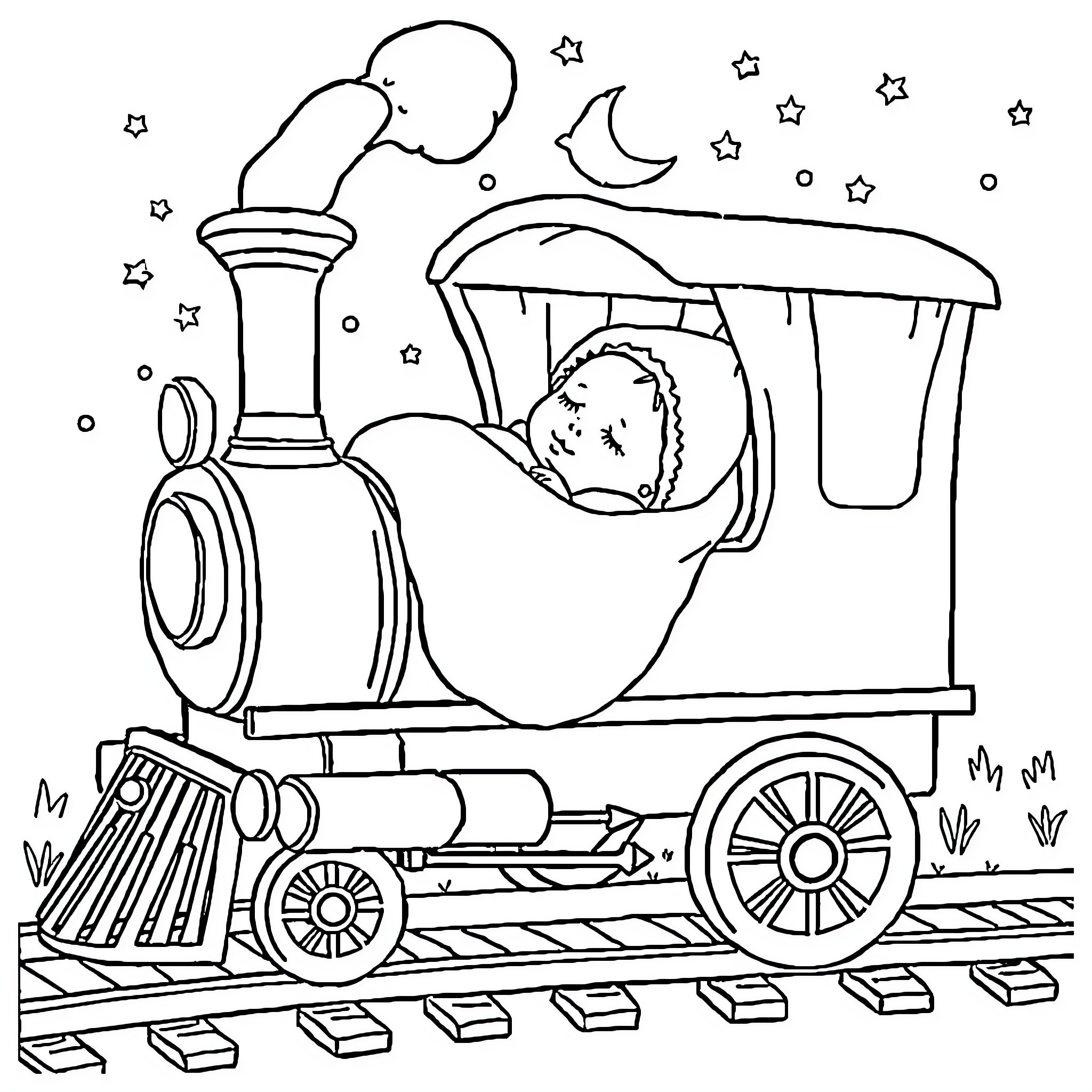 Locomotive Transporting a Sleeping Passenger on a Starry Night Coloring Page (free black-and-white line drawing printable PDF for all, from beginners to advanced learners, including children, teens, adults, and seniors)