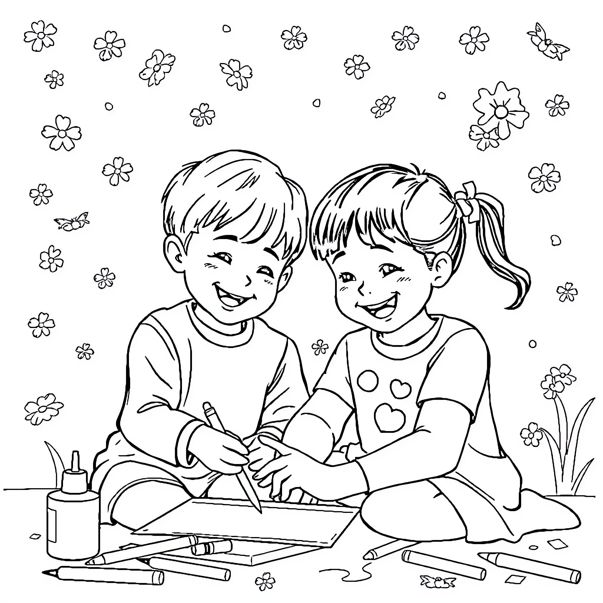 Kid friends coloring happily in park Coloring Page (free black-and-white line drawing printable PDF for all, from beginners to advanced learners, including children, teens, adults, and seniors)