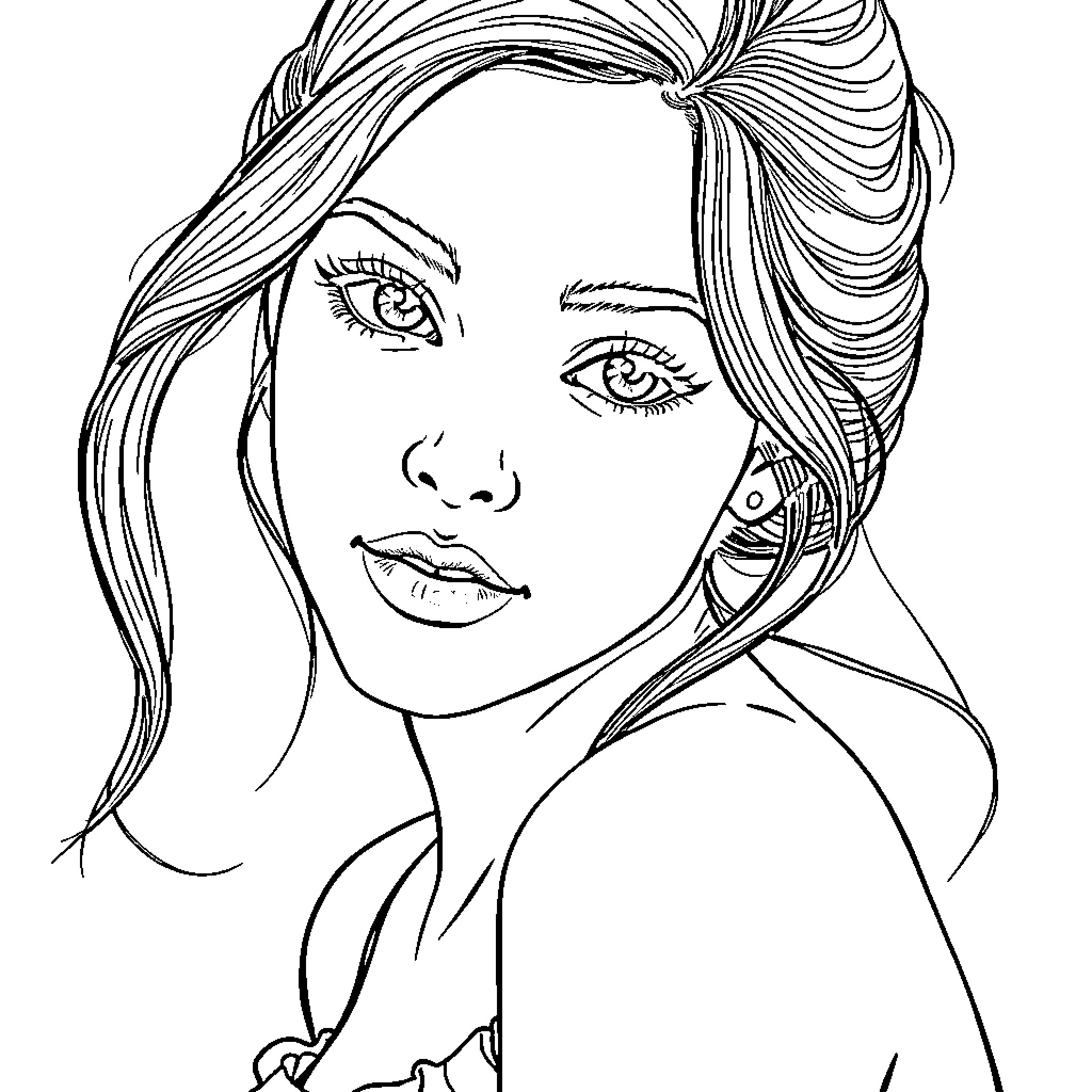 Woman with expressive gaze and windblown hair Coloring Page (free black-and-white line drawing printable PDF for all, from beginners to advanced learners, including children, teens, adults, and seniors)