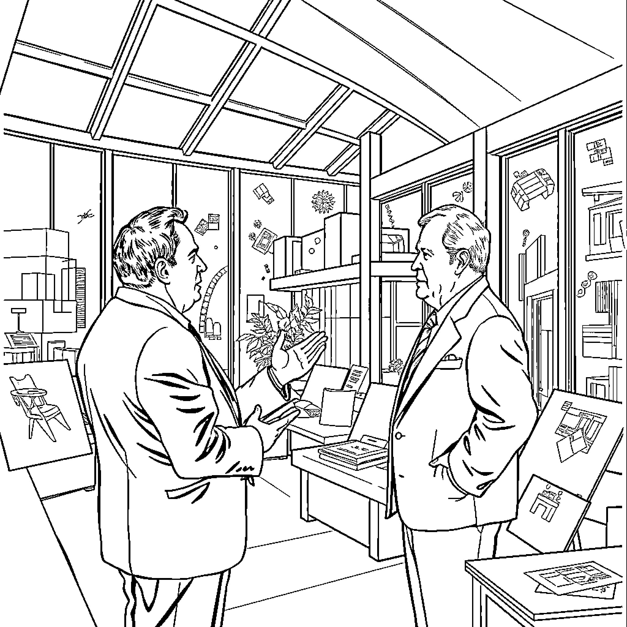 Michael Graves Discussing Architecture Plans with Colleague Coloring Page (free black-and-white line drawing printable PDF for all, from beginners to advanced learners, including children, teens, adults, and seniors)