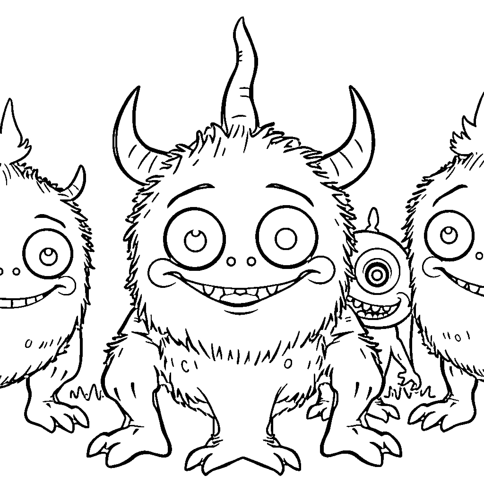 Monster trio in mischievous poses Coloring Page (free black-and-white line drawing printable PDF for all, from beginners to advanced learners, including children, teens, adults, and seniors)