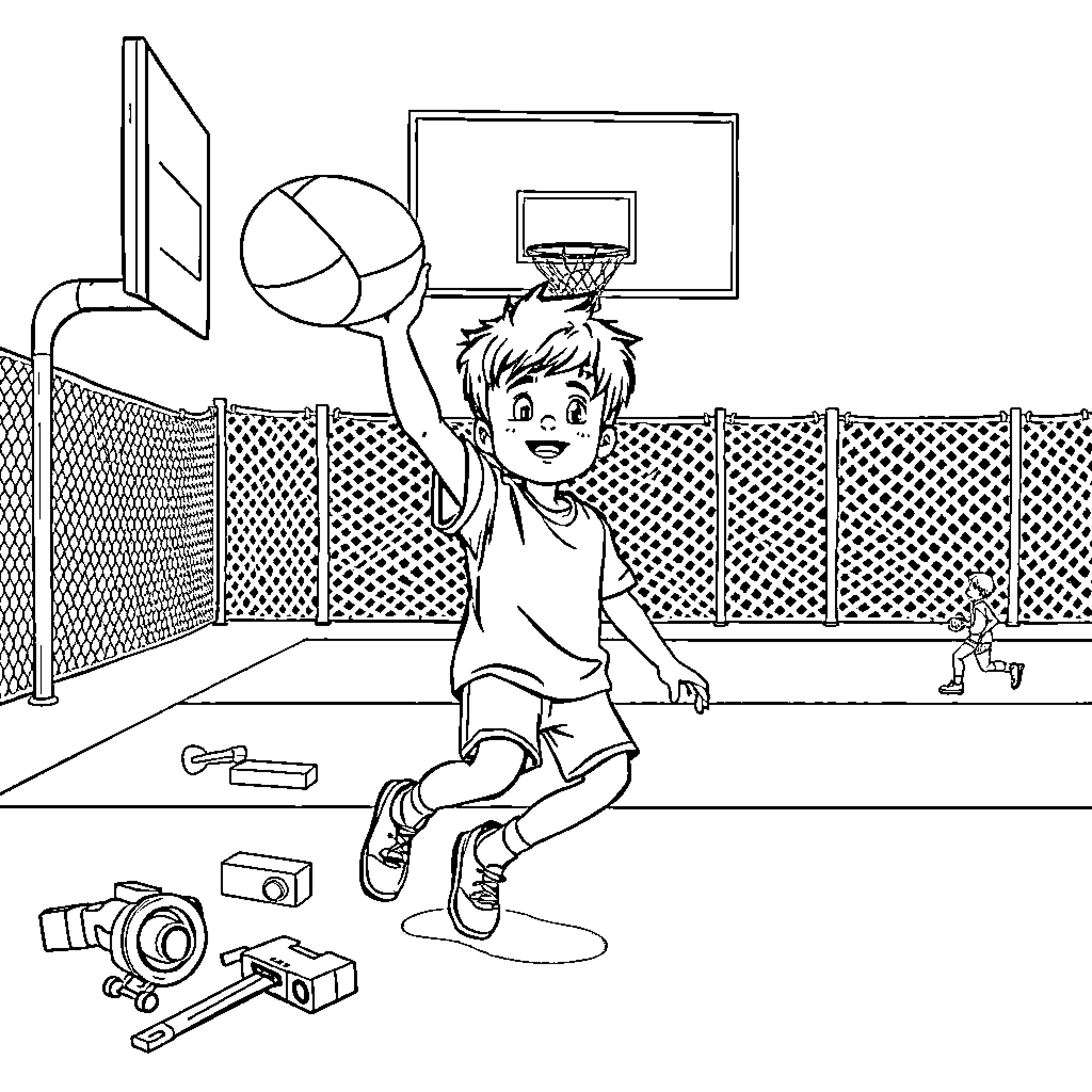 Niño jugando con pelota de baloncesto en la cancha Coloring Page (free black-and-white line drawing printable PDF for all, from beginners to advanced learners, including children, teens, adults, and seniors)